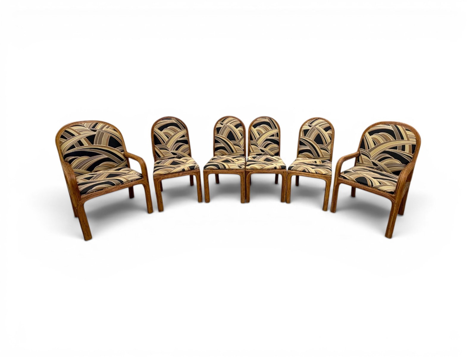 6 Comfort Designs Pencil Reed Dining Chairs: Set of 6 Comfort Designs reed dining chairs. 2 armchairs and 4 side chairs. Armchair dimensions: H: 39.25" W: 23.5" D: 25", seat height 18.5" Side chair dimensions: H: 39.5" W: 19" D: 25", seat height