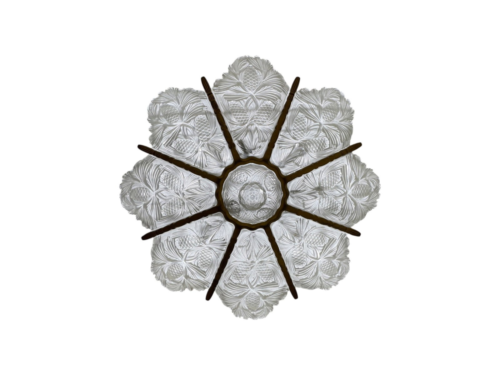 Marius-Ernest Sabino Art Deco French Chandelier: A Gilt Bronze Marius-Ernest Sabino Art Deco French Chandelier signed 'Sabino 4450 Paris Déposé'.Circa 1930's. Nine molded frosted glass panels depict pinecones and needles.