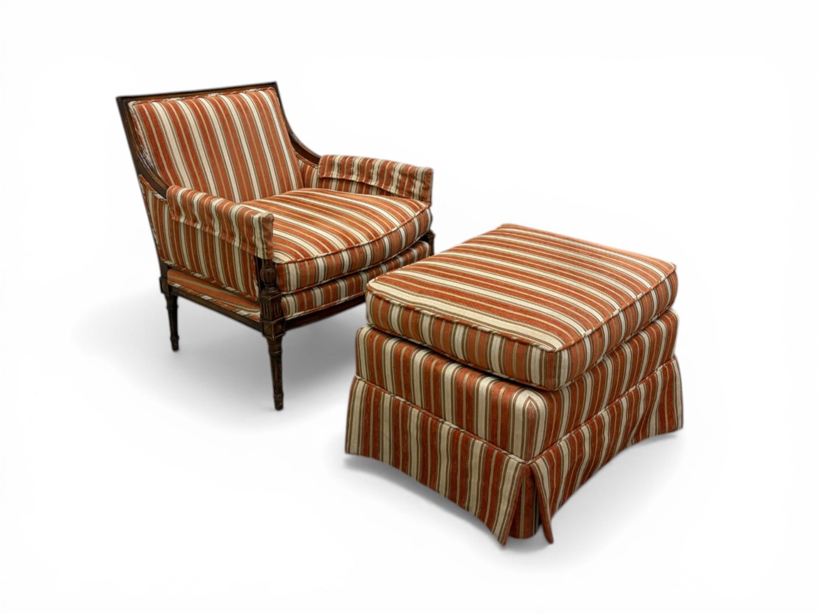 Louis XVI Style Bergere Chair & Ottoma: Louis XVI style armchair and ottoman. Chair dimensions: H:33.25" W:33.5" D:30" Seat Height:18.25" Ottoman dimensions: H:18.75" W:23.5" D:21"