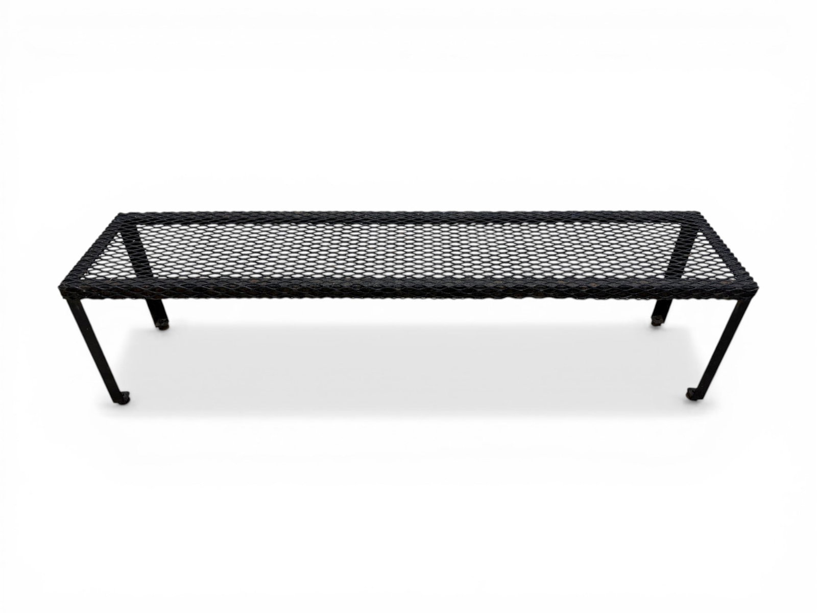 Black Industrial Chain Link Bench: A Black Industrial Chain Link Bench with adjustable legs. Dimensions: H:18" W:72" D:16.25"
