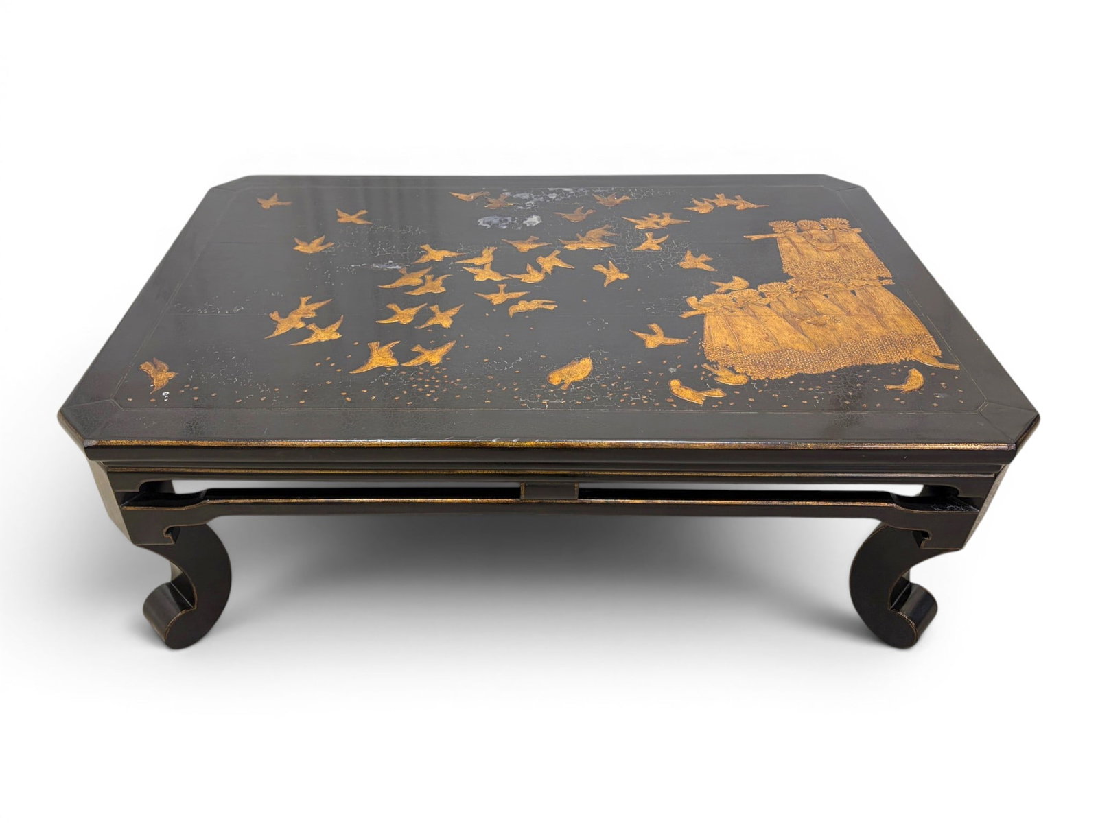 Rose Tarlow Sung Chinoiserie Coffee Table: Rose Tarlow "Sung" chinoiserie coffee table. Black and gilt lacquer with bird and wheat motif. Unsigned. Dimensions: H: 21.5" W: 58" D: 36"