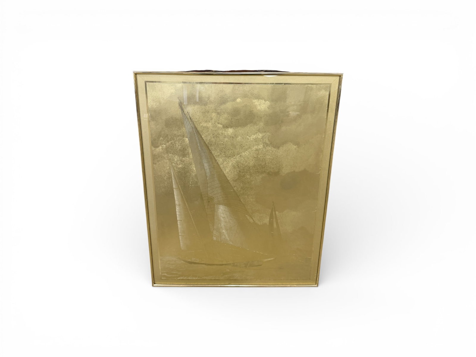 Signed J. Karam - Intaglio Print: A signed Joseph Karam 87' intaglio optical illusionary art print on gold foil presented under glass in a gold tone frame. Dimensions: H: 29.5 " W: 24" D: 1"