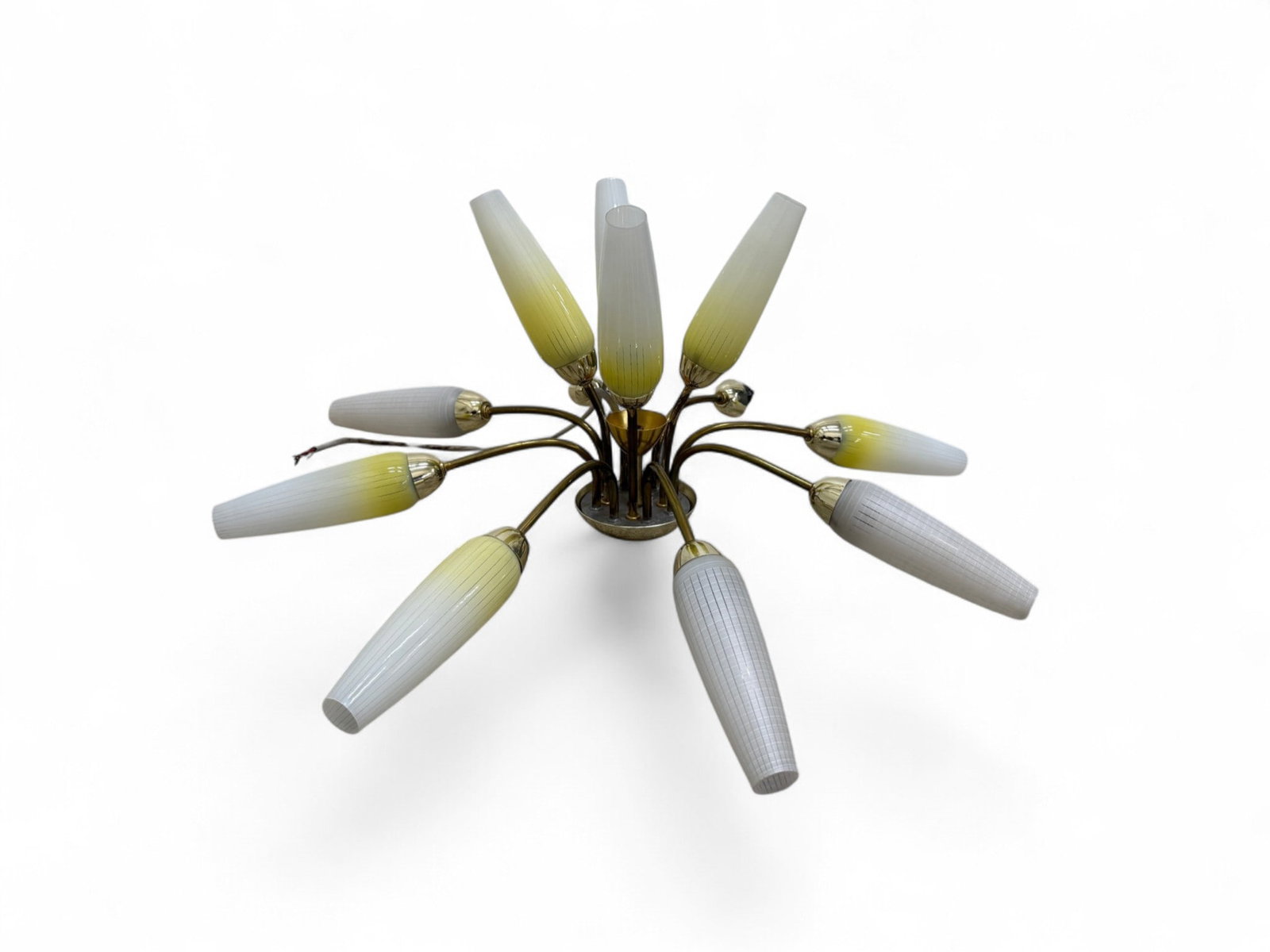 Vintage Italian Tulip Style Sputnik Chandelier: A Vintage Italian Tulip Style Sputnik Chandelier. Seven of the glass shades have beautiful yellow accents. Dimensions: H:17" W:34" D:34"