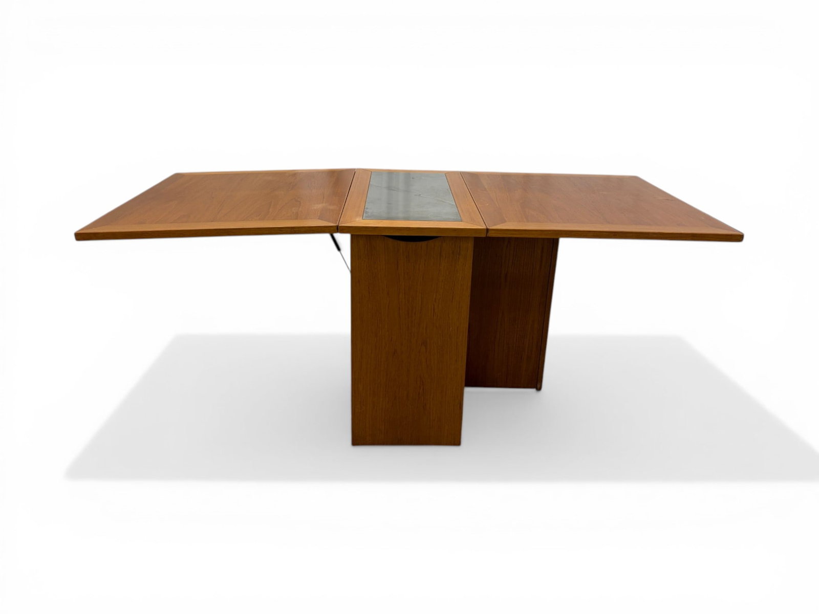 Skovby Drop Leaf Dining Table With Storage: Skovby Danish modern 101 model drop leaf dining table. Two drop leaf sides with gateleg support on one side, central pull-out storage compartment with chrome shelves, stainless steel top. Skovby