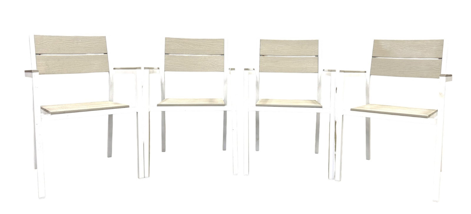 Postmodern Outdoor Dining Chairs - 4: A set of 4 postmodern outdoor patio chairs. Constructed of powder coated white aluminum Dimensions: H:33" W:21.5" D:20.5" Seat Height:17.5