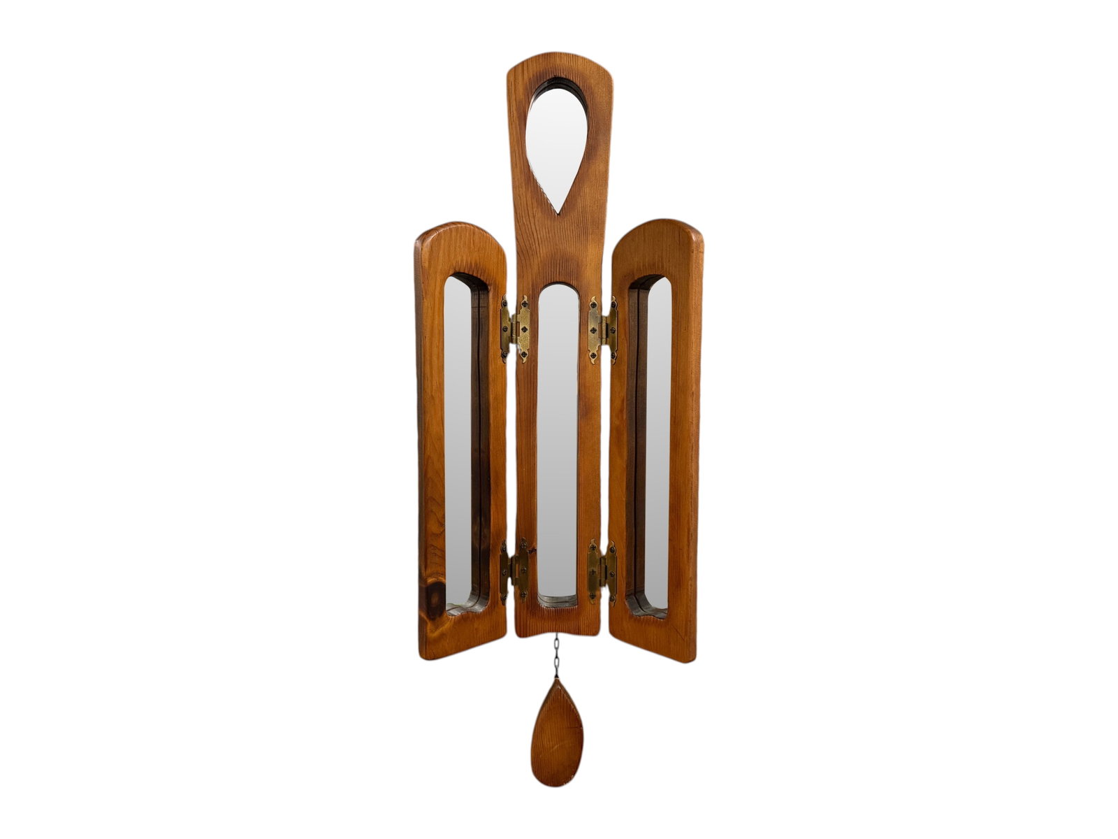 Mid-Century 3-Panel Wall Mirror: A Mid-Century 3-Panel Wall Mirror Signed 'L.R. Silverstein'. The piece features brass hinges. Dimensions: H:36" W:15" D:1"