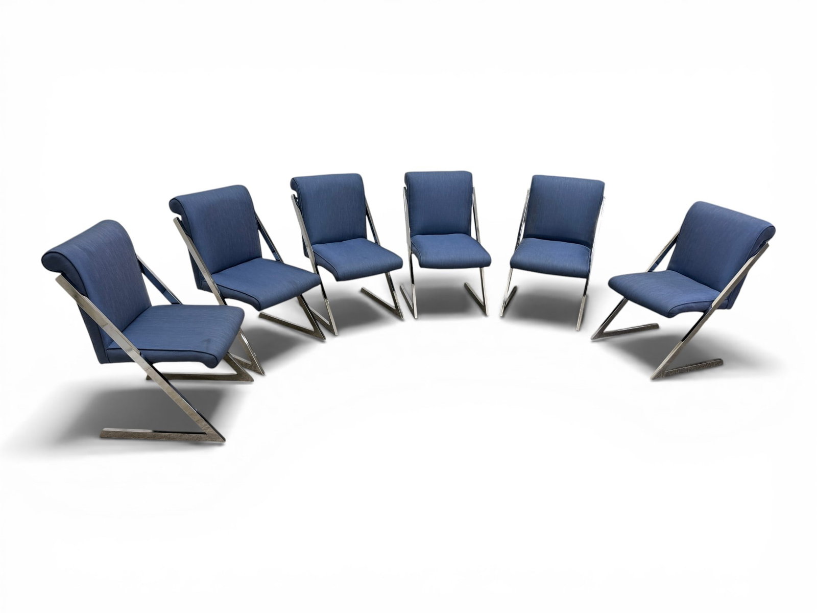 Set of 6 Milo Baughman Style Chrome Z Chairs: A Set of 6 Milo Baughman Style Chrome Z Chairs with a blue directional fabric. Dimensions: H:33.5" W:20.5" D:24" Seat Height:17"