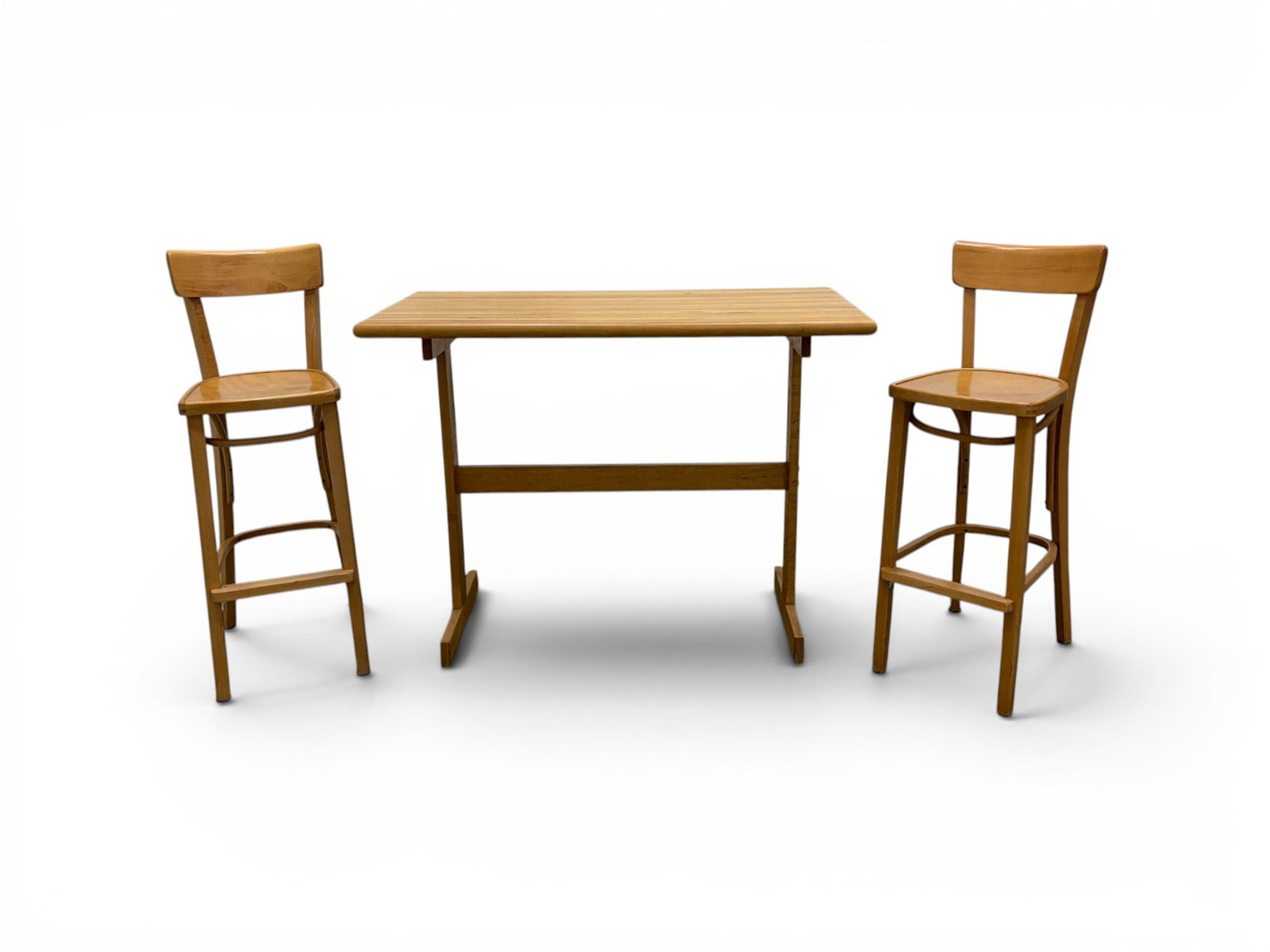 Pair of Thonet Barstools With Butcher Block Table: Pair of Thonet bentwood barstools or counter stools, unmarked. With a butcher block top table. Stool dimensions: H: 41.75" W: 15" D: 17.75", seat height 30" Table dimensions: H: 36.5" W: 47.5" D: