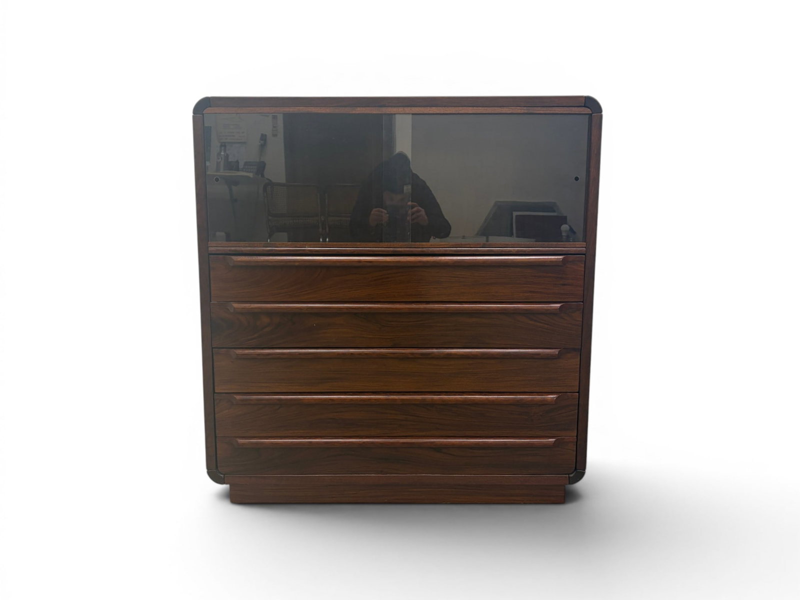 Danish Modern Rosewood 5 Drawer Cabinet: Danish modern rosewood cabinet. Sliding plexiglass doors with 5 drawers below. Unmarked. Dimensions: H: 42" W: 39.5" D: 19.75"