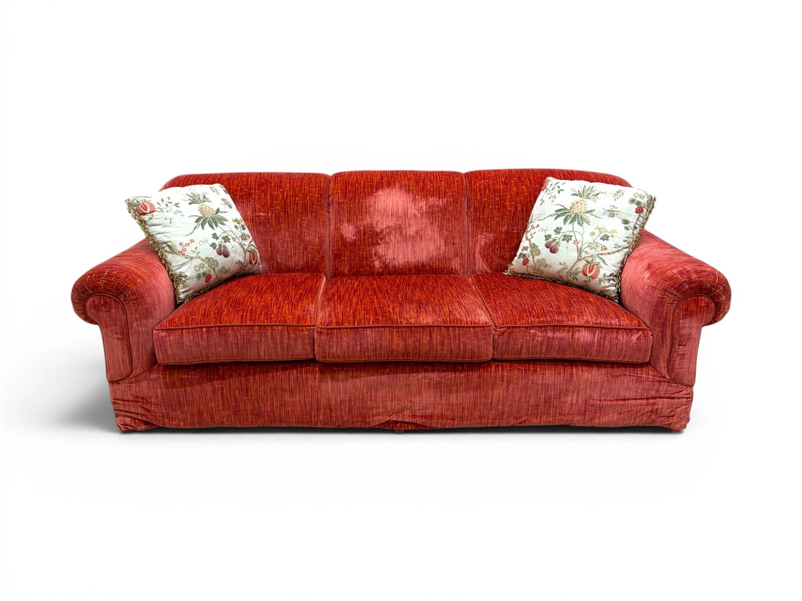 Sherrill Style Silk Velvet Sofa: Sherrill style silk velvet sofa. Unmarked. Includes 2 pillows. Dimensions: H: 33" W: 89.5" D: 41"