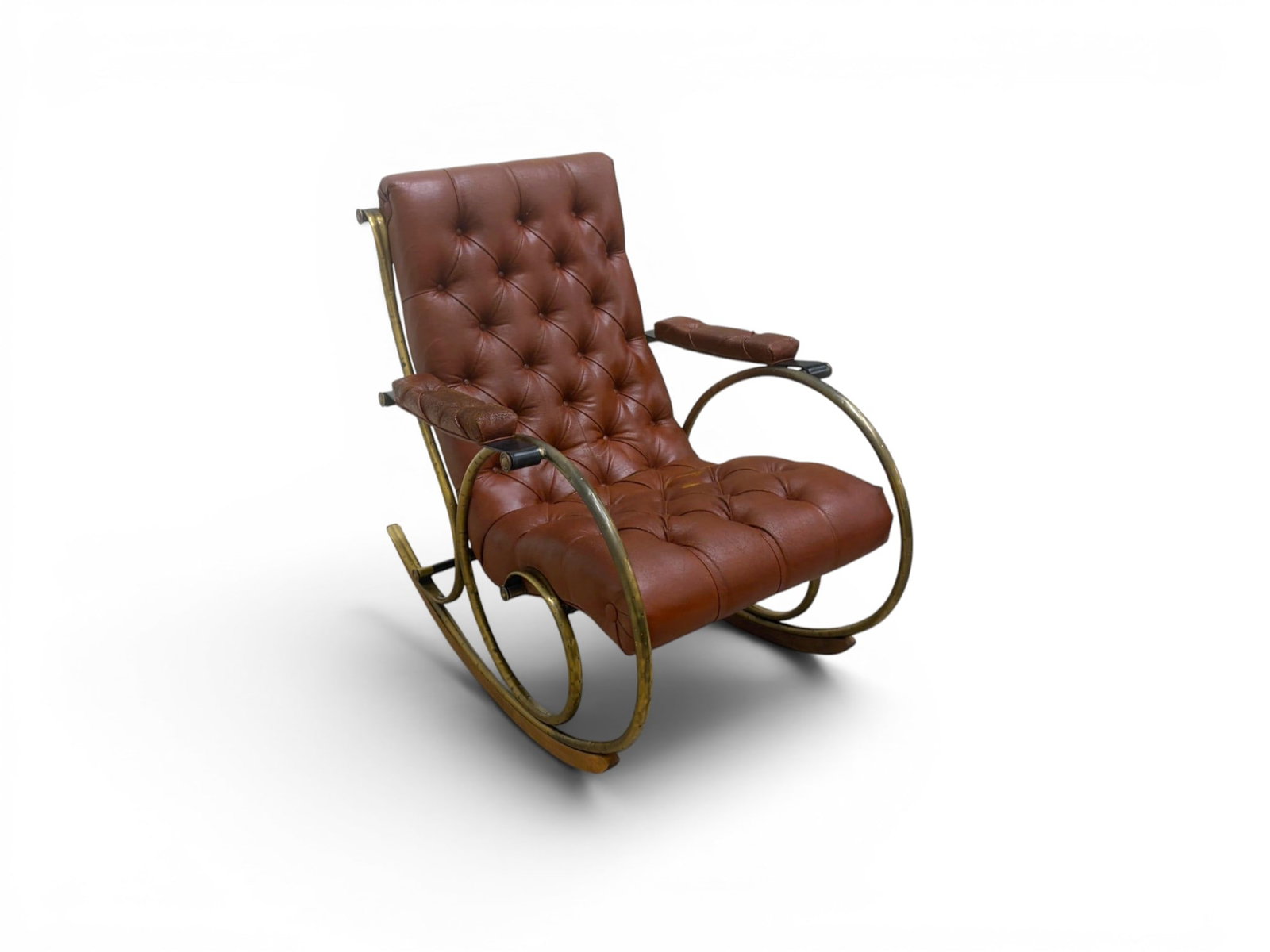 Lee Woodard Brass & Leather Rocker: Lee Woodard brass and leather rocking chair. Lee Woodard label on the underside. Dimensions: H: 37" W: 27.25" D: 39.25"