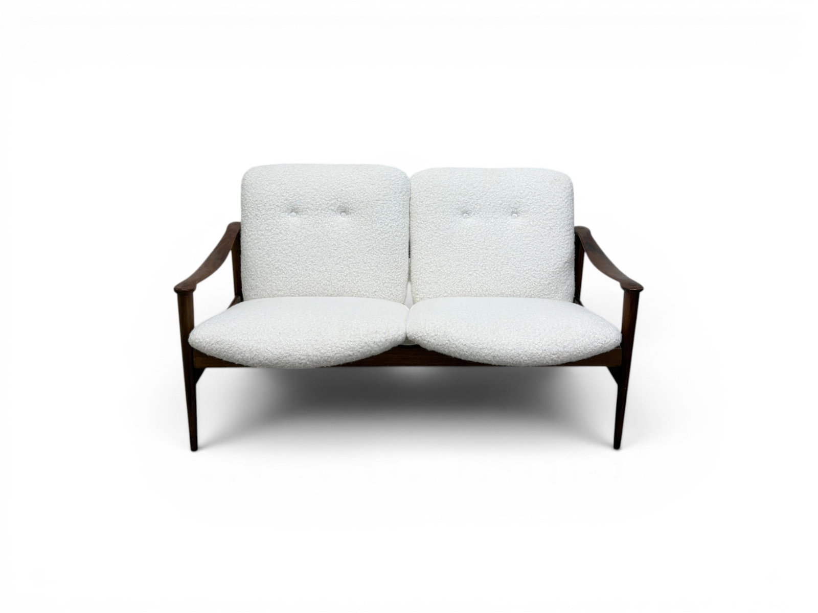 Fredrik Kayser Style 711 Settee: Scandinavian modern settee / sofa, in the style of Fredrik Kayser's 711. With faux sheepskin upholstery. Dimensions: H: 29" W: 50.5" D: 32", seat height 17"