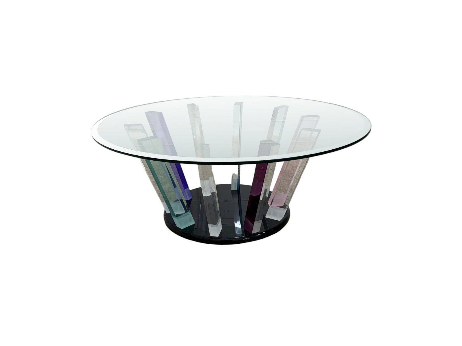 Shlomi Haziza Lucite & Glass Coffee Table: Signed Shlomi Haziza coffee table. Multi-colored lucite base, with glass top. Haziza label on base. Dimensions: H: 16.5" W: 42" D: 42"