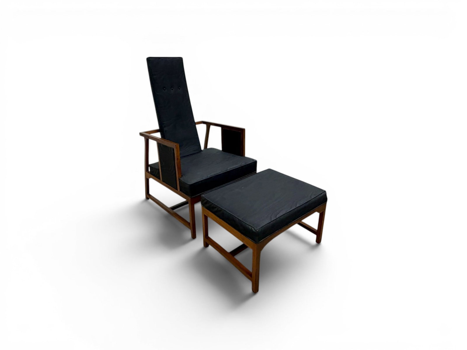 Borge Mogensen Lounge Chair & Ottoman: Borge Mogensen high back lounge chair and ottoman. With vinyl faux wood grain upholstery. Unmarked. Chair dimensions: H: 47.25" W: 25" D: 31", seat height 17" Ottoman dimensions: H: 15.25" W: 25" D:19