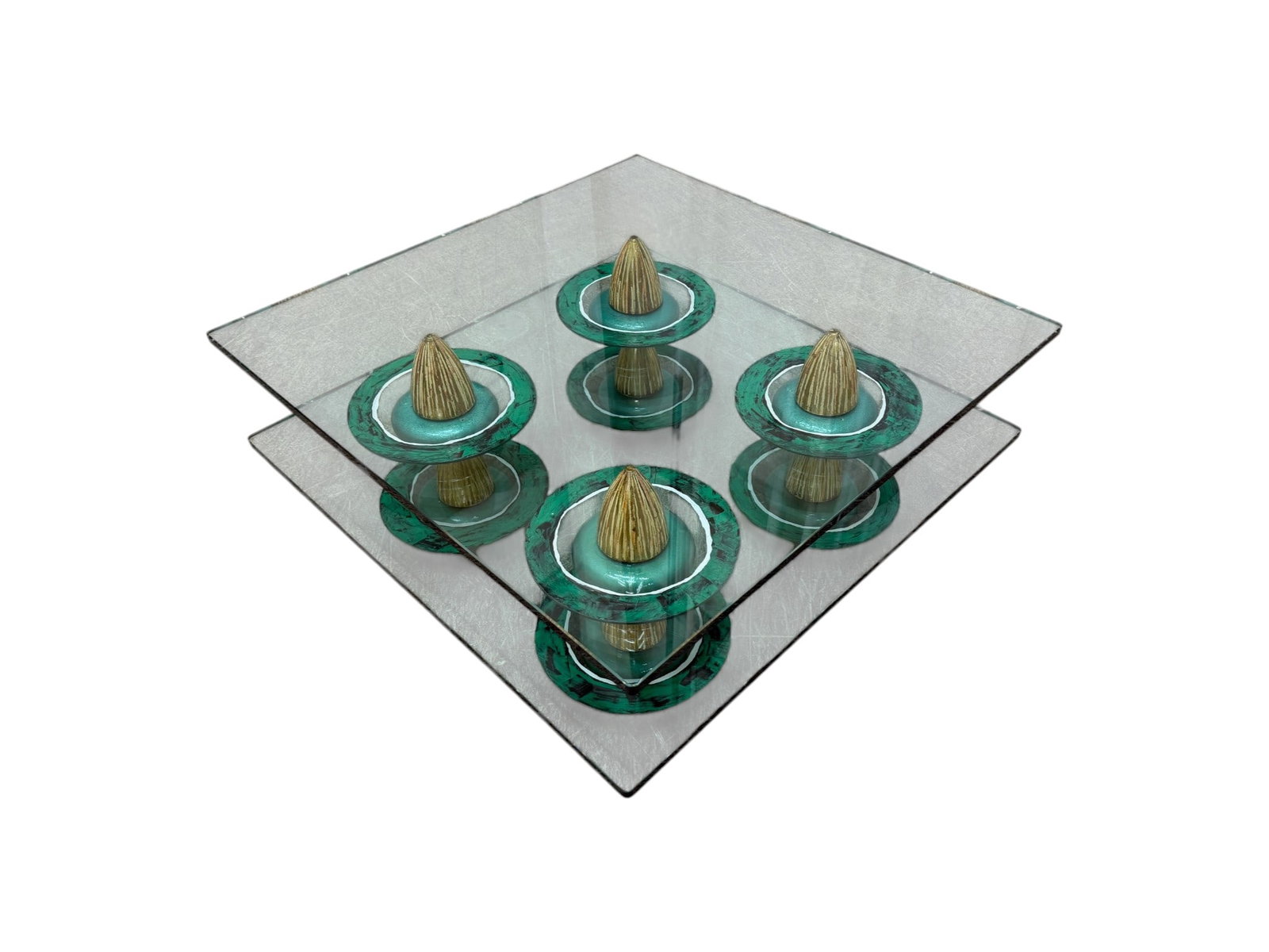 Carmen Spera Art Glass 2 Tier Coffee Table: Carmen Spera art glass coffee table. 2 tiers, with painted wood and art glass legs. Dimensions: H: 16.25" W: 37" D: 37"