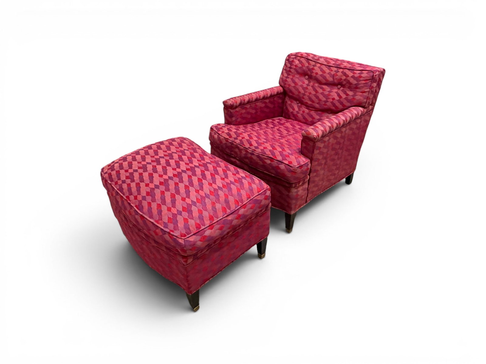 Harvey Probber Style Lounge Chair & Ottoman: Harvey Probber style lounge chair and ottoman, with pink, purple and red geometric upholstery. Unmarked. Chair dimensions: H: 29.25" W: 27.5" D: 37", seat height 17" Ottoman dimensions: H: 18.5" W: 28