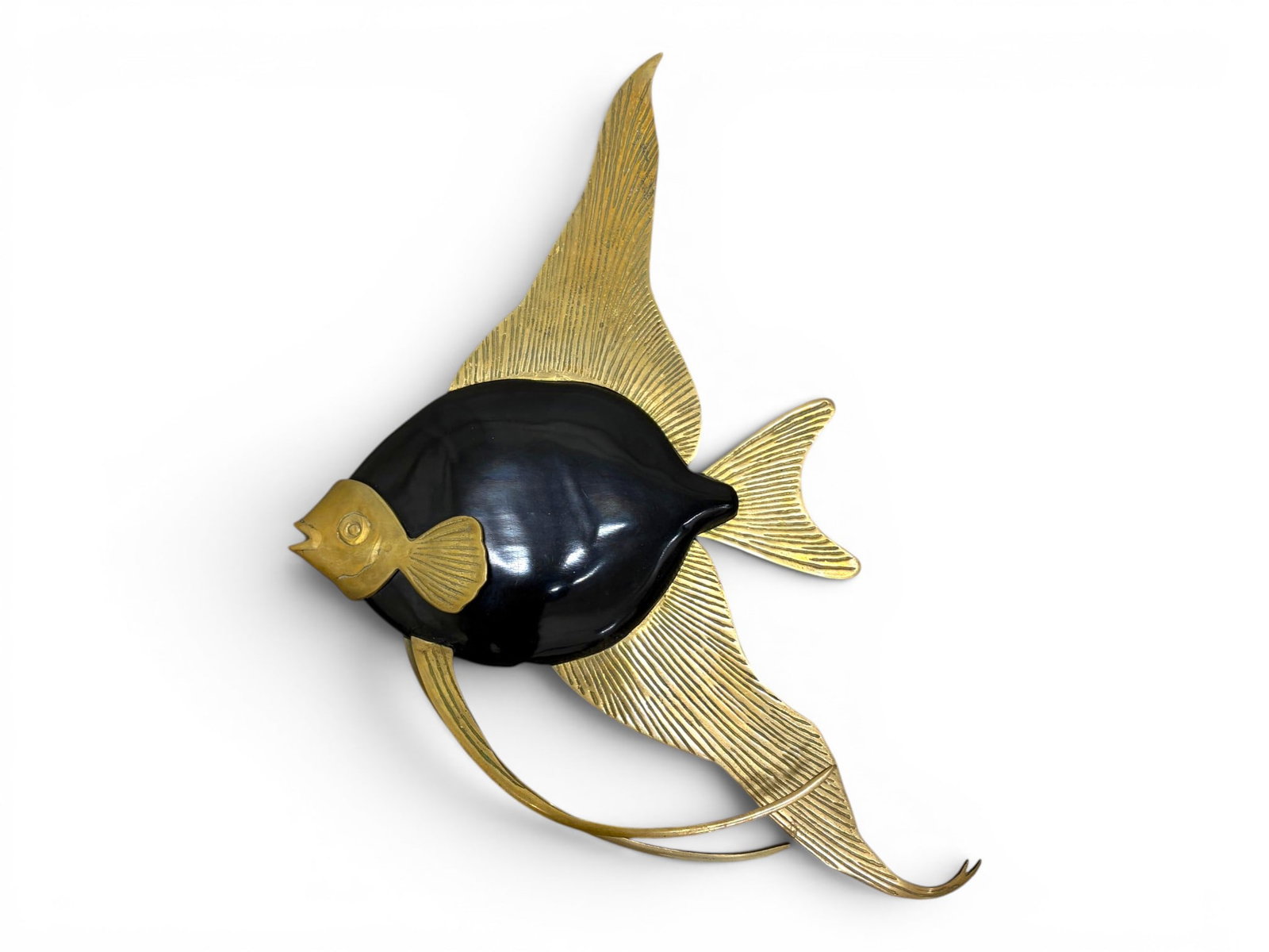 Frederick Cooper Wood & Brass Angelfish Sculpture: Frederick Cooper wood and brass angelfish sculpture. No base. Unsigned. Dimensions: H: 16" W: 12" D: 1.25"