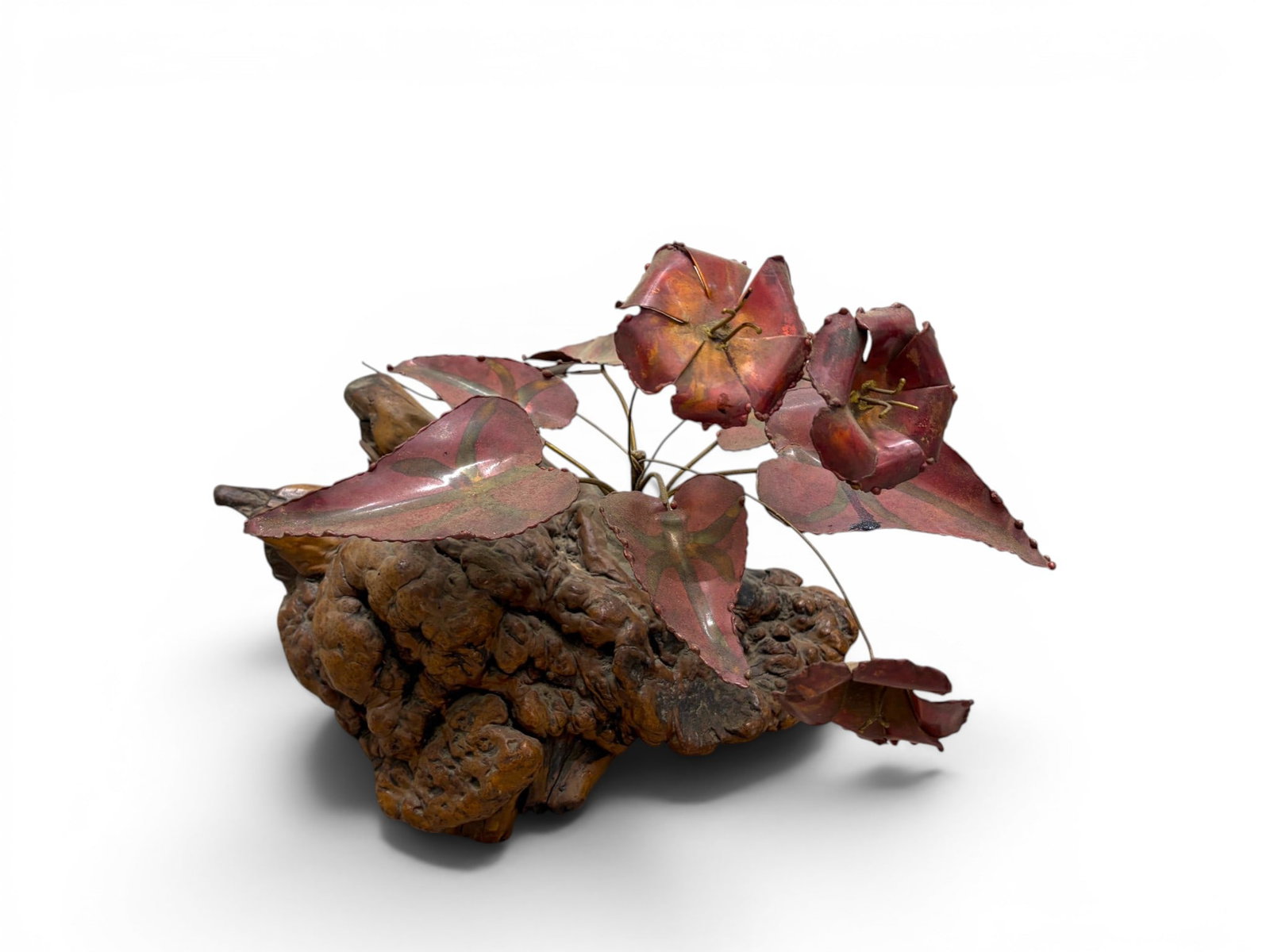 John Cady & Candy Burlwood & Metal Sculpture: John Cady and Candy sculpture of flowers, leaves and butterflies. Burlwood base with enameled metal flowers. Card for Metal Designs by Candy, Candy and John Cady, Flemington, NJ attached. Dimensions:
