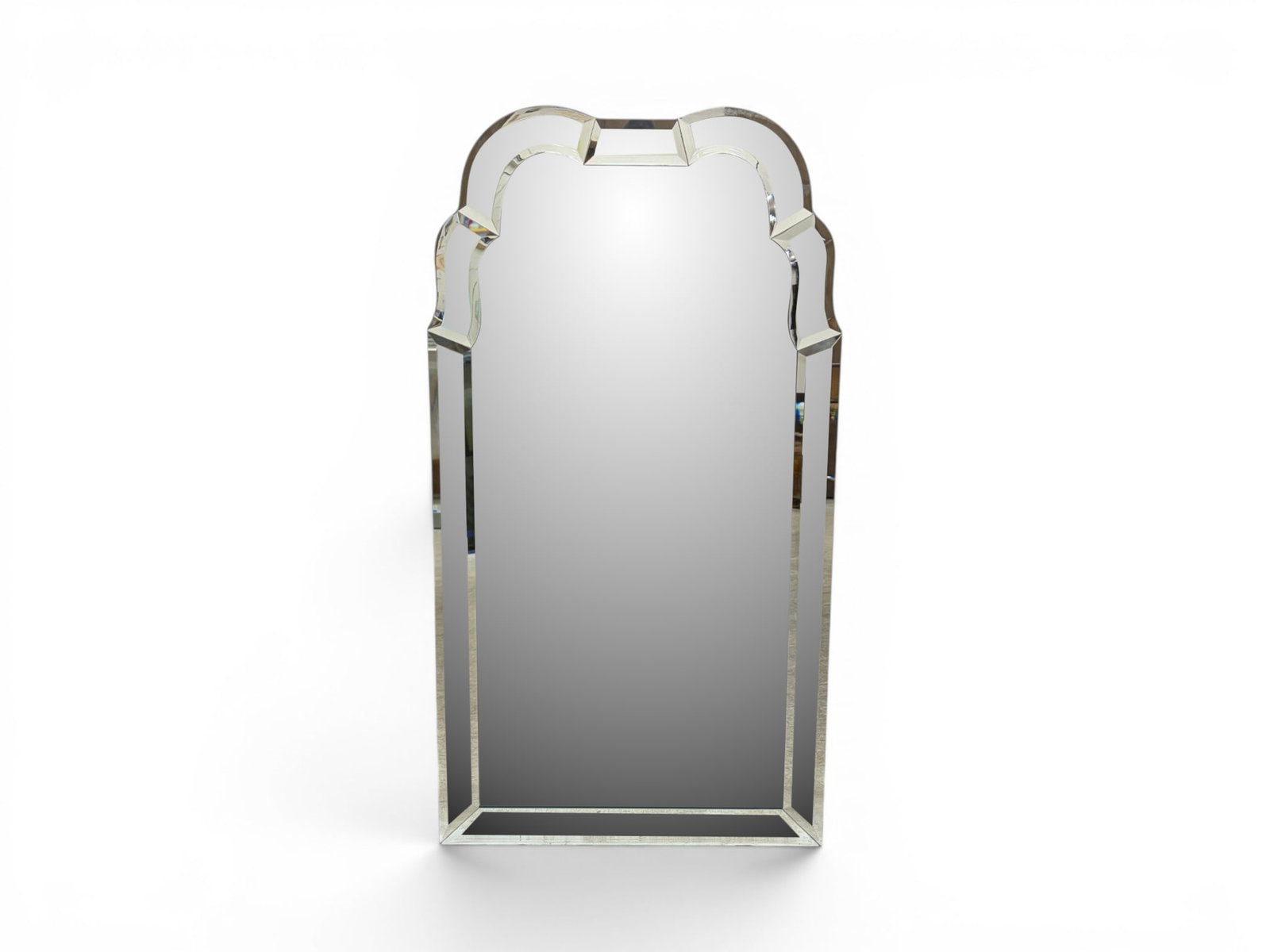 LaBarge Beveled Glass Mirror: LaBarge Venetian beveled glass mirror. LaBarge labels and stamped Made in Italy on reverse. Dimensions: H: 48.5" W: 26.25" D: 1"
