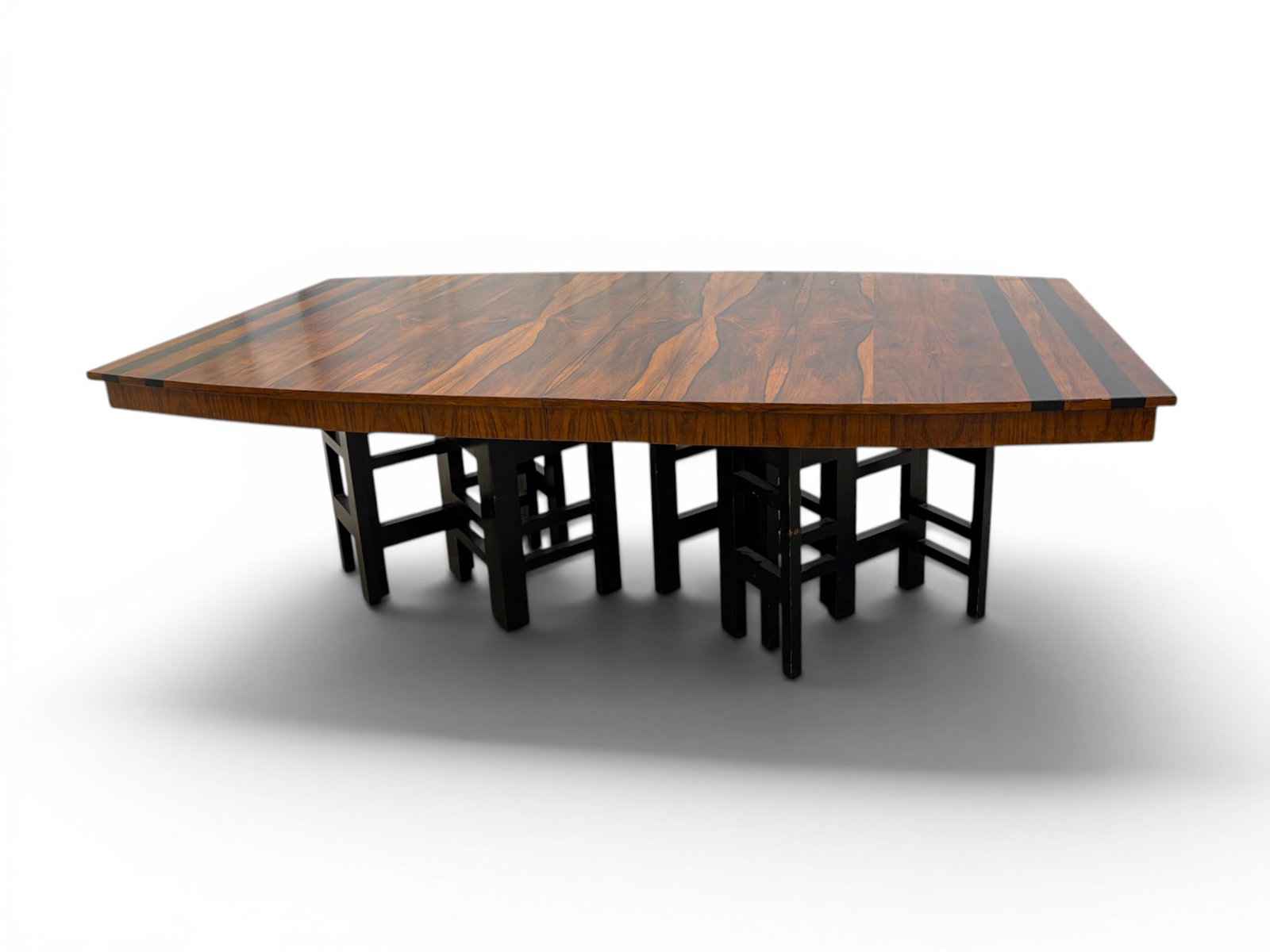 Milo Baughman Style Rosewood Dining Table: Milo Baughman style rosewood dining table with 2 leaves. Stamped Simon's Hardware Inc., NY Dimensions: H: 29" W: 84.5" D: 48.25" Dimensions with leaves: H: 29" W: 120.75" D: 48.25"