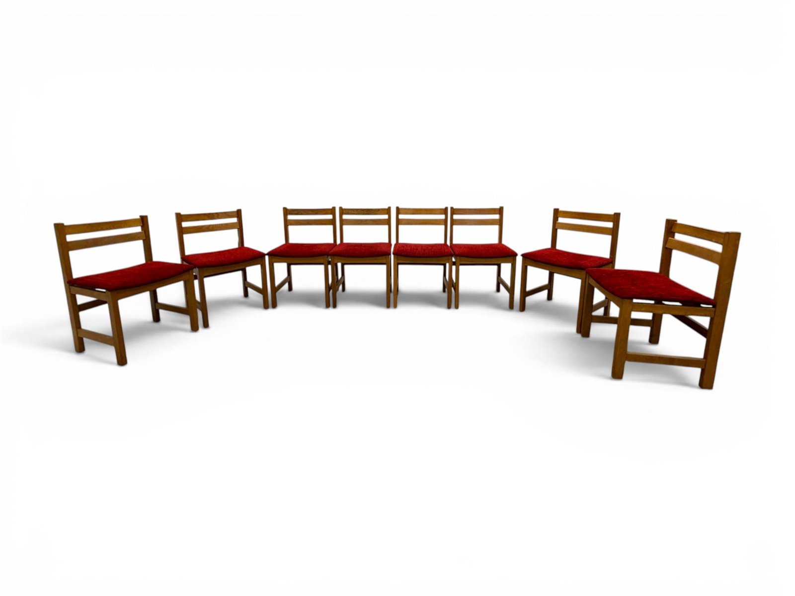 8 Danish Oak Dining Chairs: Set of 8 Danish dining chairs. Oak, with red velvet corduroy upholstery. Unmarked. Dimensions: H: 29.75" W: 18.25" D: 17.25", seat height 17.5"