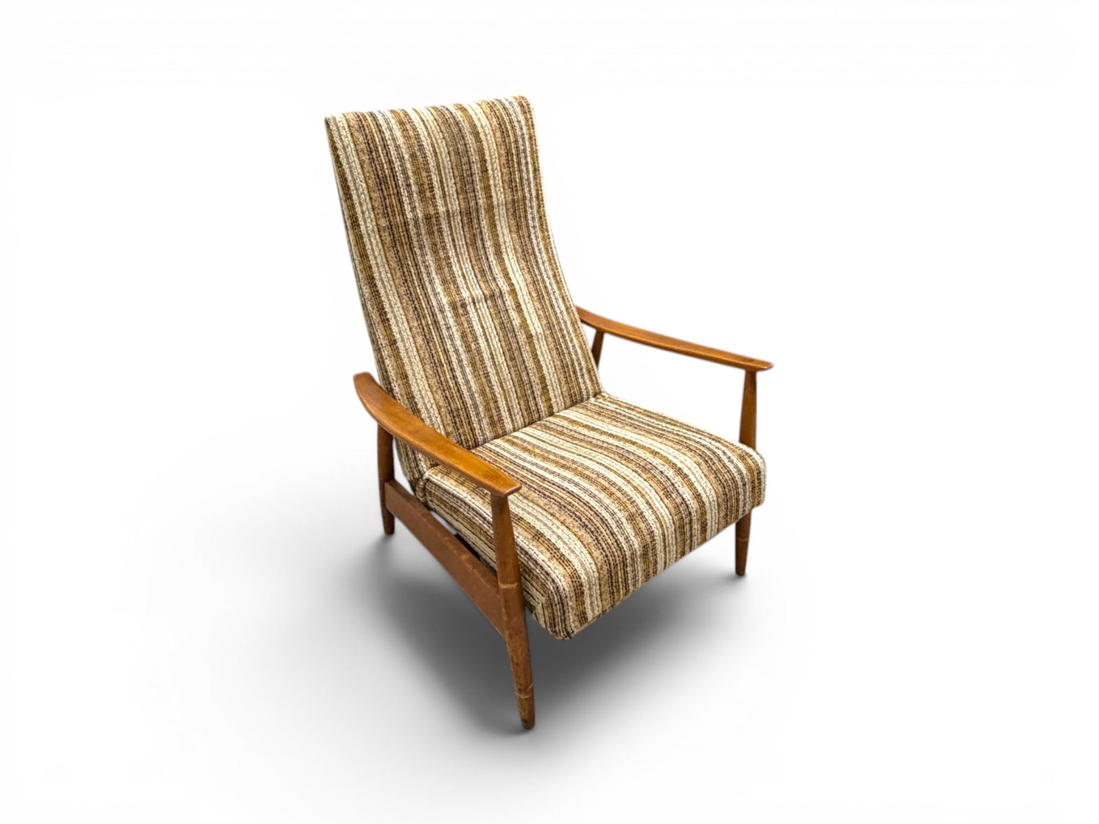Milo Baughman Reclining Lounge Chair: Milo Baughman reclining lounge chair. Later striped upholstery. Dimensions: H: 42" W: 28.5" D: 32.5" Reclined dimensions: H: 37.25" W: 28.5" D: 54"
