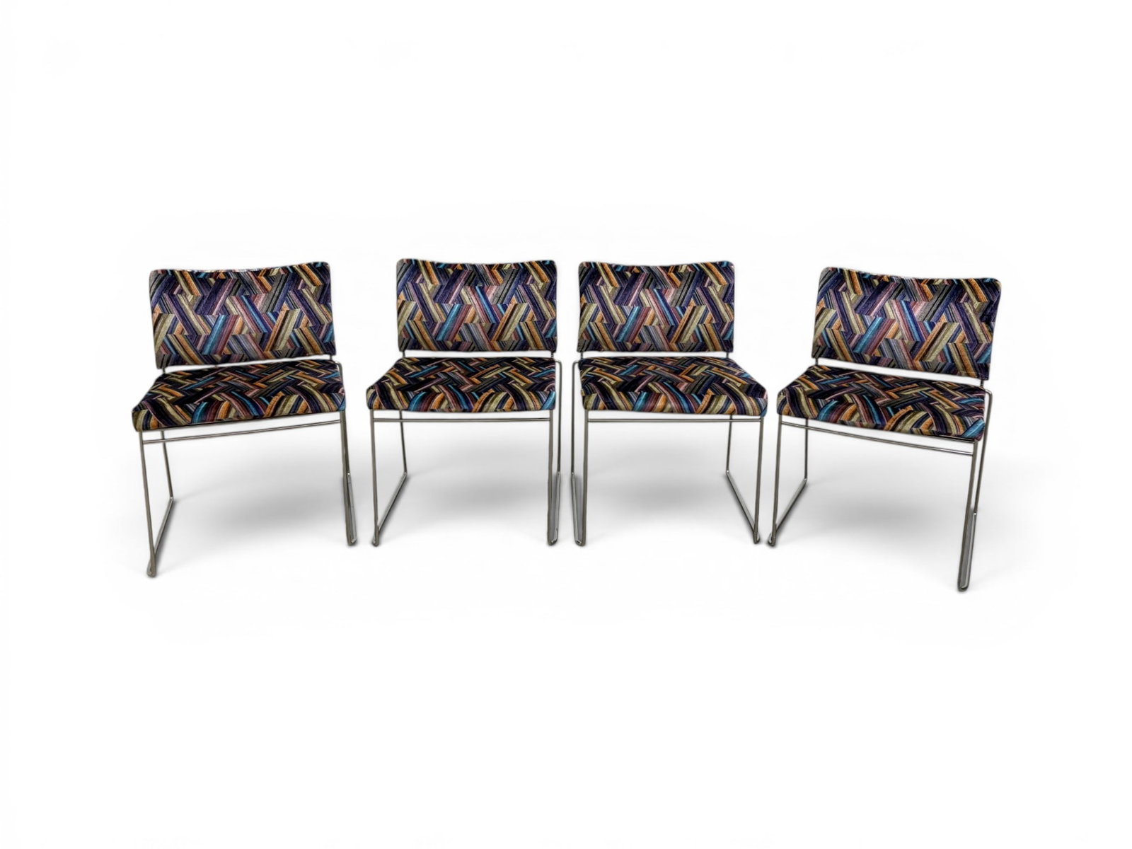 4 Attributed to Kazuhide Takahama Tulu Chairs: Attributed to Kazuhide Takahama for Simon Gavina. Set of 4 "Tulu" chairs. Chrome frames, later geometric velvet upholstery. Unmarked. Dimensions: H: 28.5" W: 20" D: 21.5", seat height 18.75"