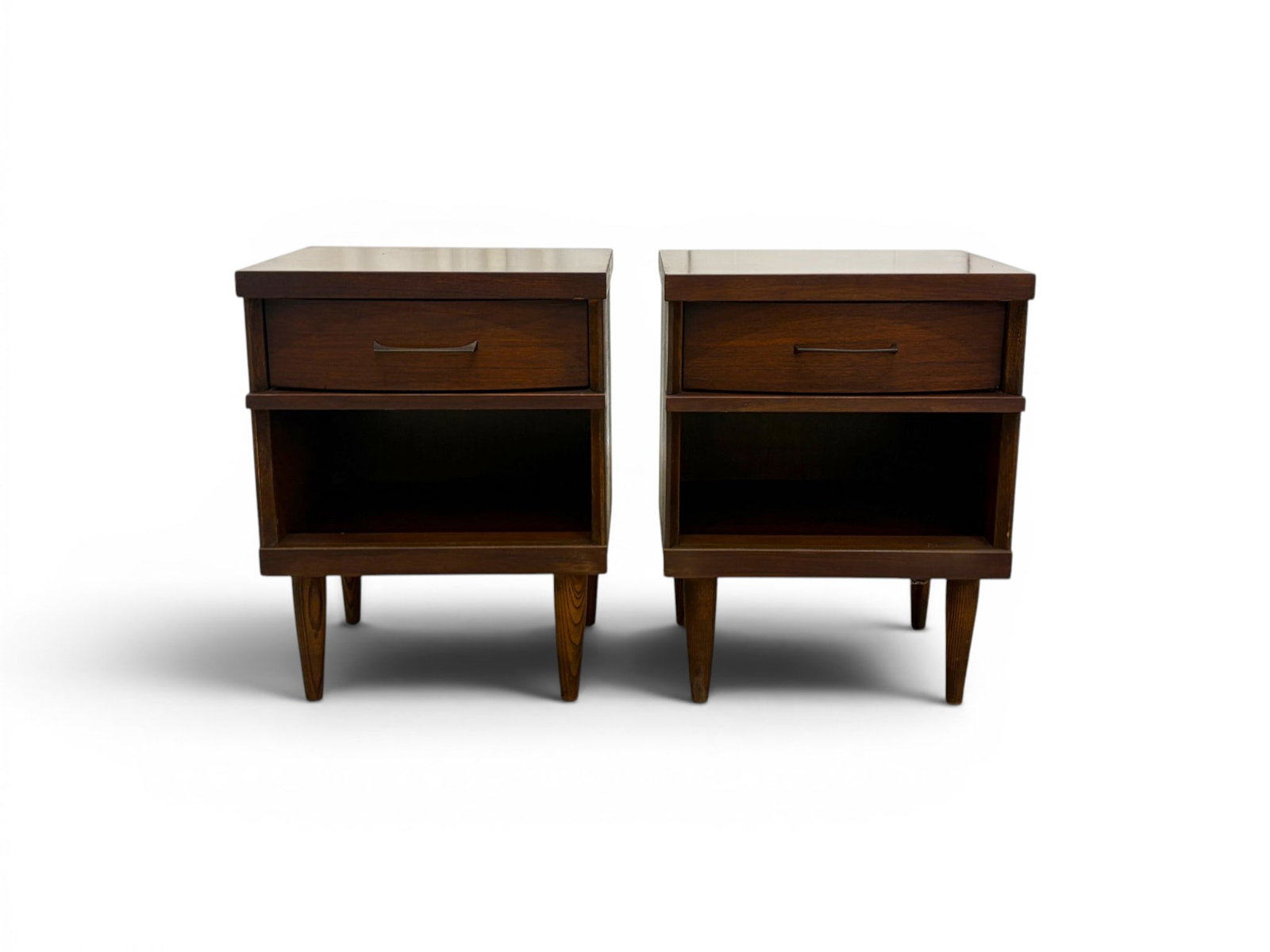 Pair Mid-Century Modern Nightstands: Pair of mid-century modern nightstands. Dimensions: H: 23.5" W: 18" D: 14"