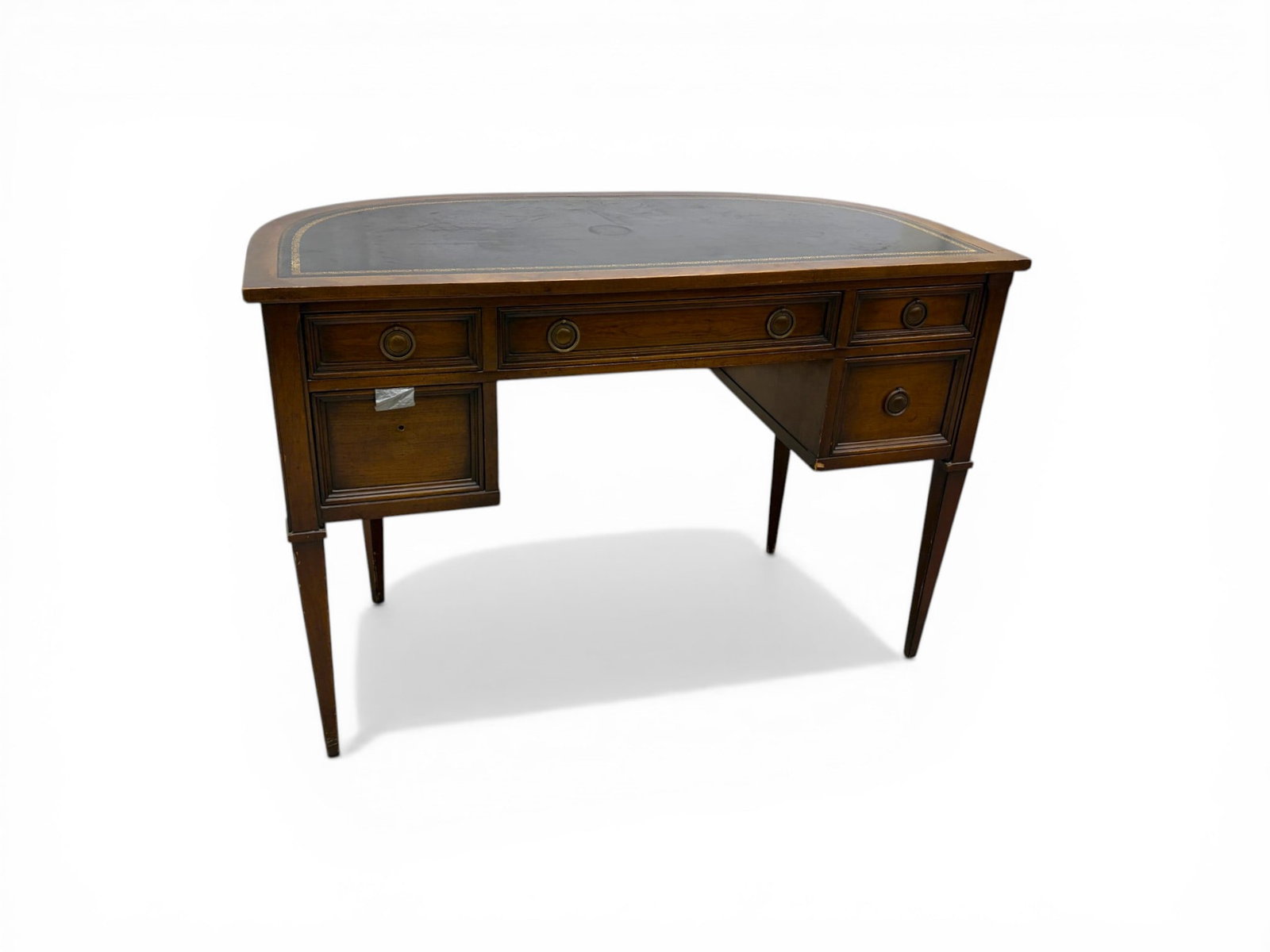 Sligh-Lowry Leather Top Demilune Writing Desk: Sligh-Lowry demilune writing desk. Leather top, 5 drawers. Stamped Sligh-Lowry Holland, Michigan on interior of center drawer. Dimensions: H: 29.25" W: 42.75" D: 21.25"