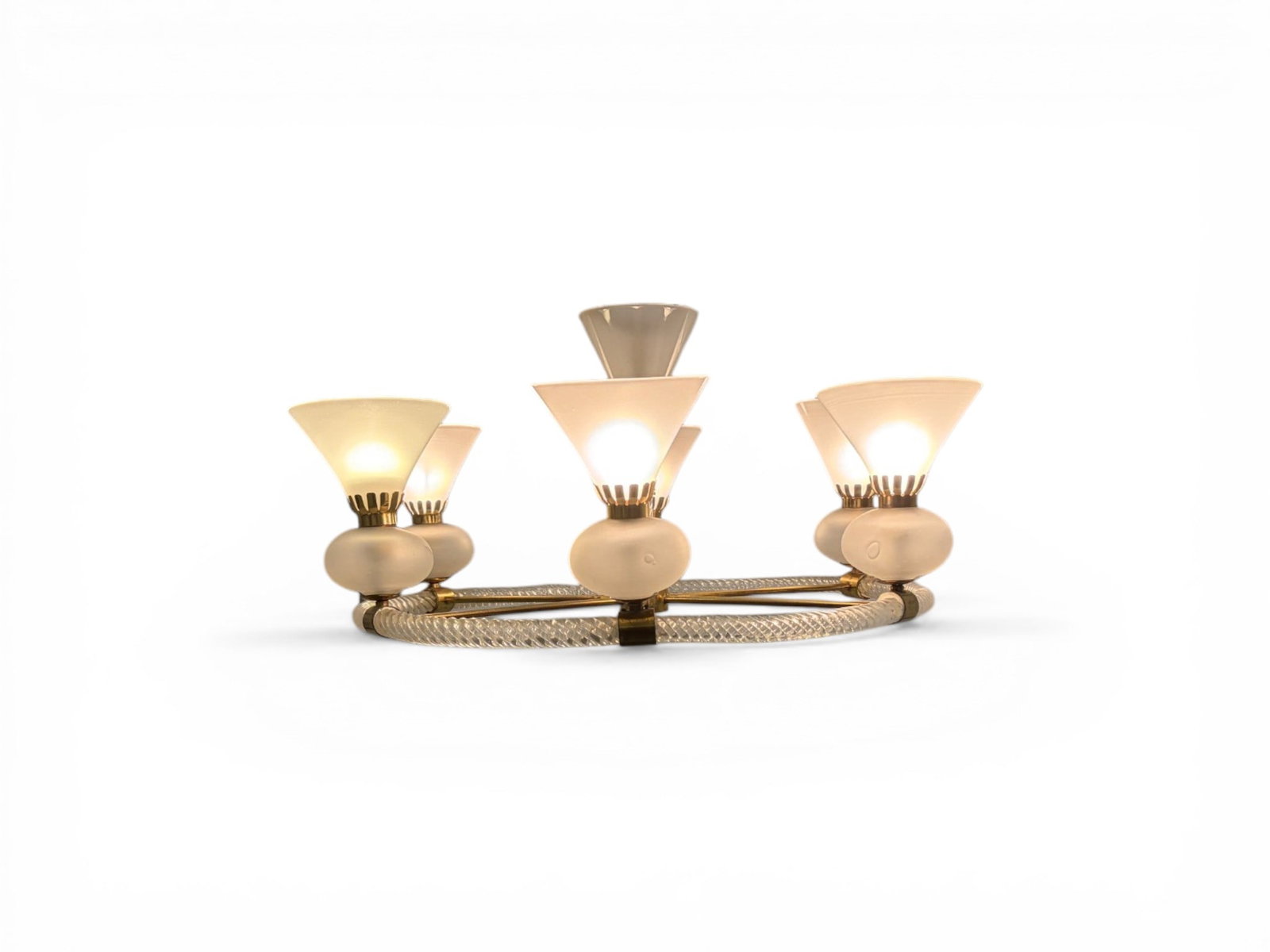 Venetian Style 6 Light Chandelier: Venetian style six light chandelier. Brass and crystal, with milk glass shades. Plugs in, lighting working. Dimensions: H: 13.75" W: 28" D: 28"