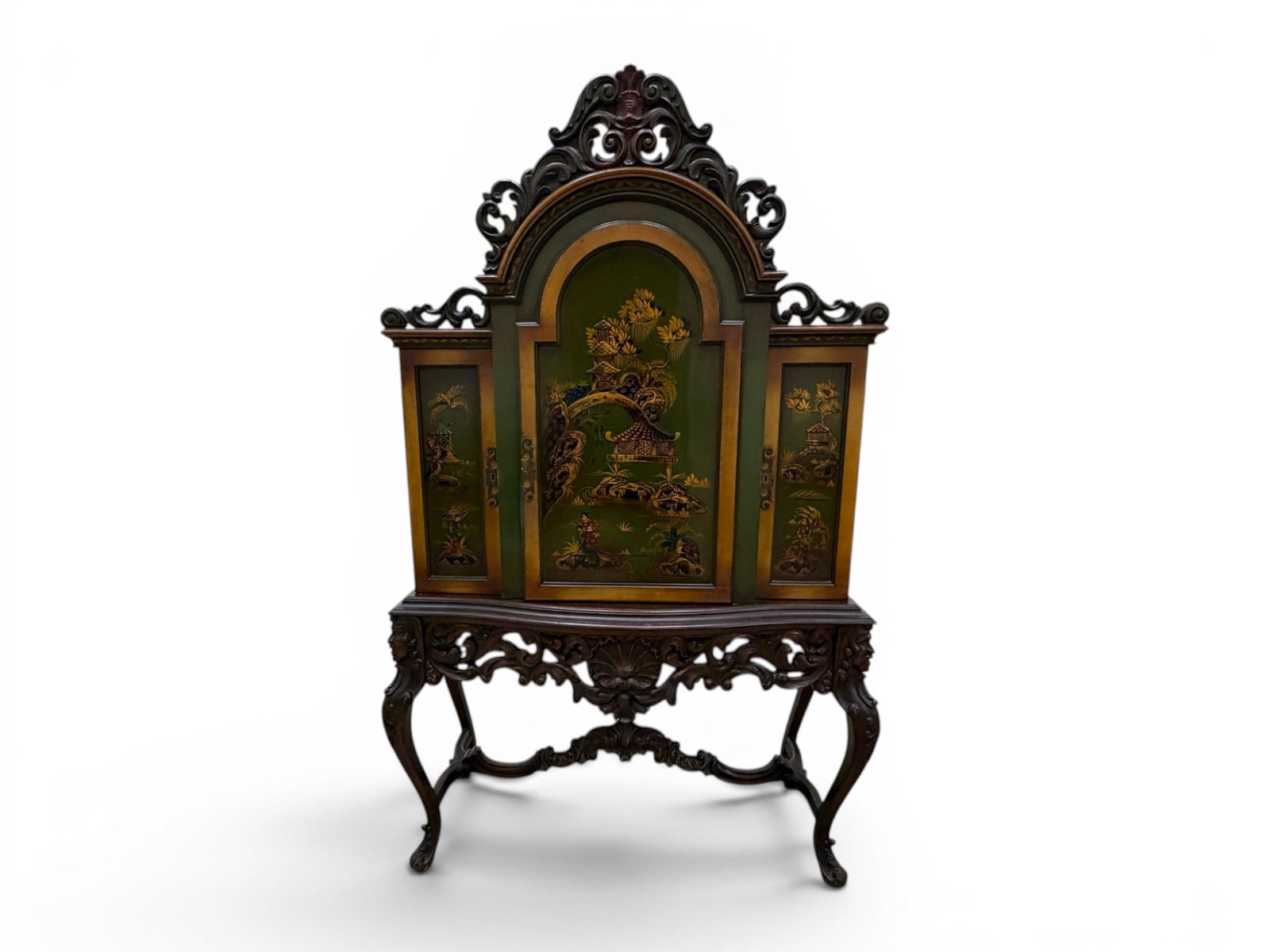 Chinese Chippendale Style Cabinet: Chinese Chippendale style cabinet. 3 doors with interior shelves. Painted with village scene; carved base with figural legs. Dimensions: H: 77.5" W: 48.5" D: 18.5"