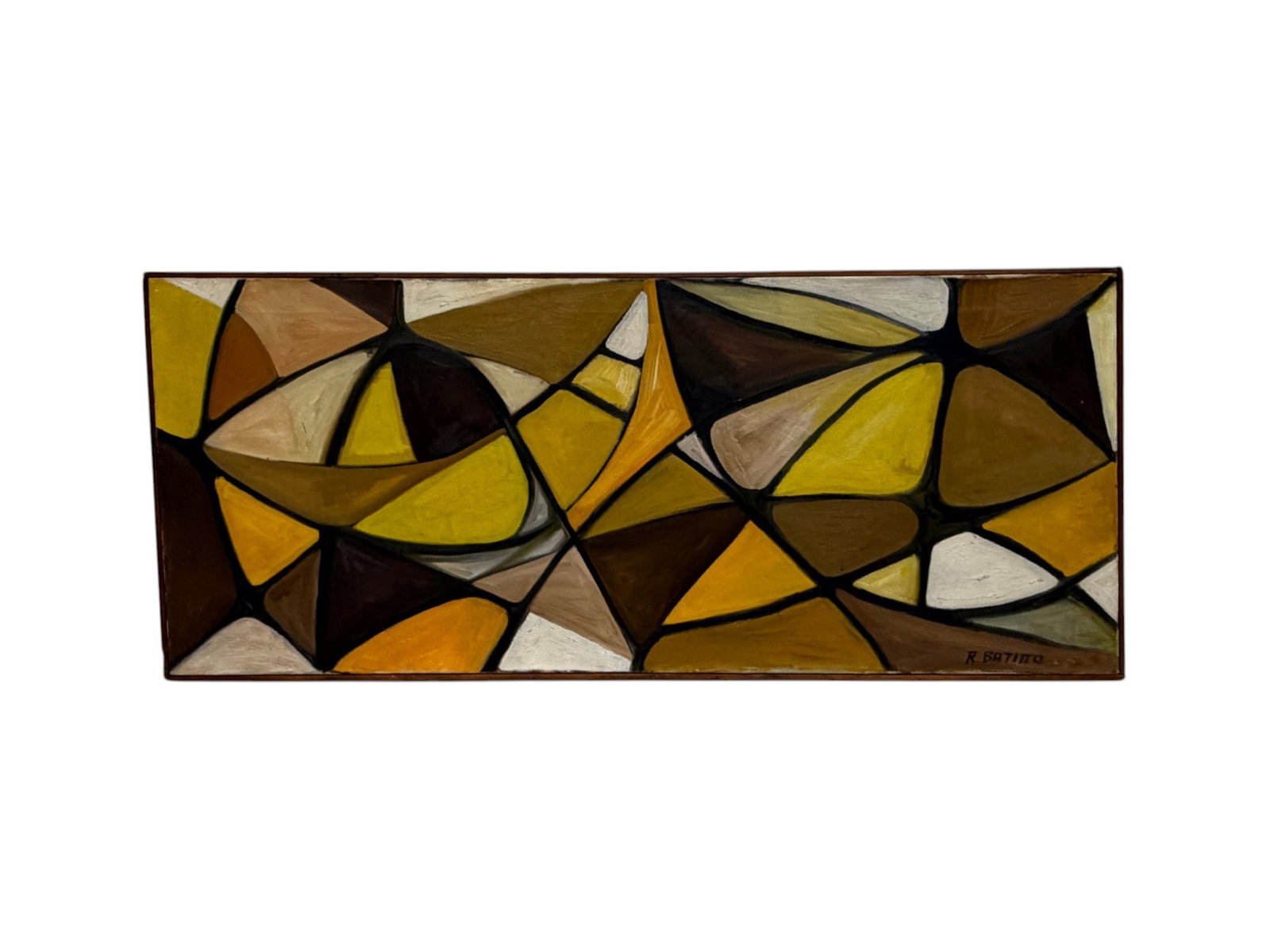 R. Batitto Oil on Canvas Abstract: Oil on canvas, geometric abstract. Signed R. Batitto lower right. Sight 18" x 43" Dimensions with frame: H: 18.75" W: 43.75" D: 1.5"