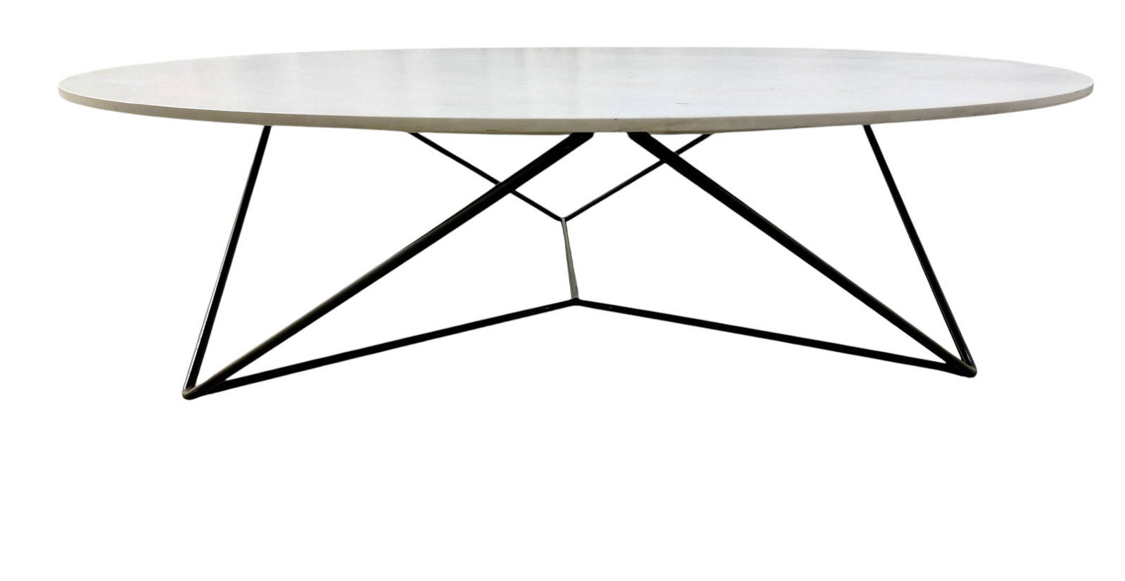 Davis Mid Century Laminate Coffee Table: A mid century modern laminate top coffee table with geometric iron base Dimensions: H:14" D:48"