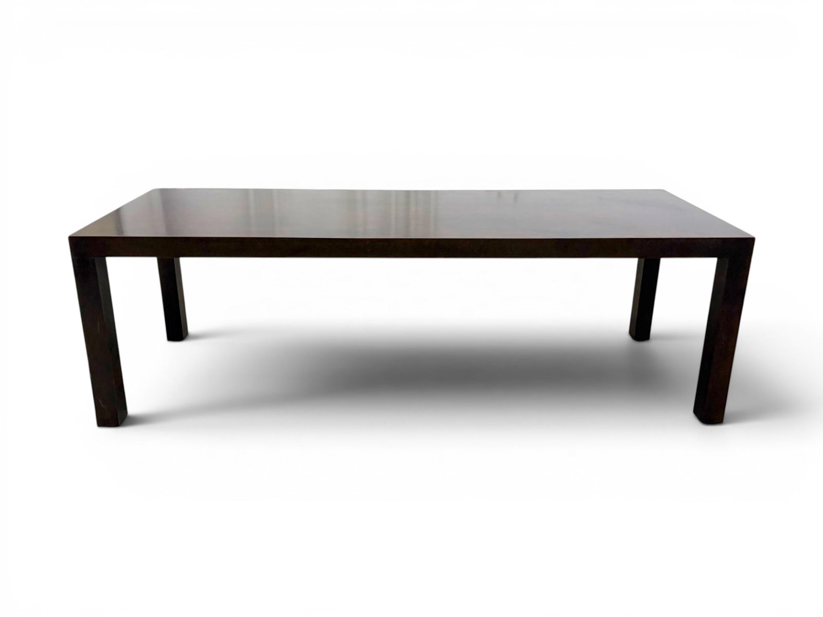 Calvin Directional Burl Veneer Coffee Table: Calvin Furniture Co. Directional parsons style burlwood veneer coffee table. Directional Calvin Furniture label on the underside. Dimensions: H: 19.25" W: 60" D: 20.25"