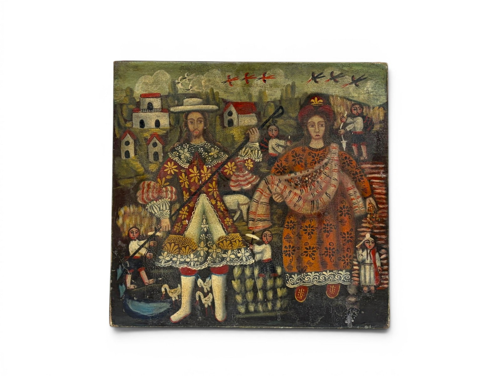 Spanish Colonial Cusco School Oil on Canvas: Spanish Colonial Cusco (Cuzco) school oil on canvas, figures in village scene. Unsigned. Dimensions: H: 15.325" W: 15.875" D: .5"