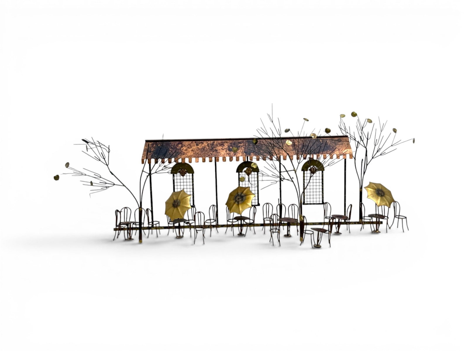 Curtis Jere Mixed Metal Wall Sculpture Bistro: Signed Curtis Jere mixed metal wall sculpture, bistro. Signed and dated 72 lower right. Dimensions: H: 21" W: 52" D: 10.5"