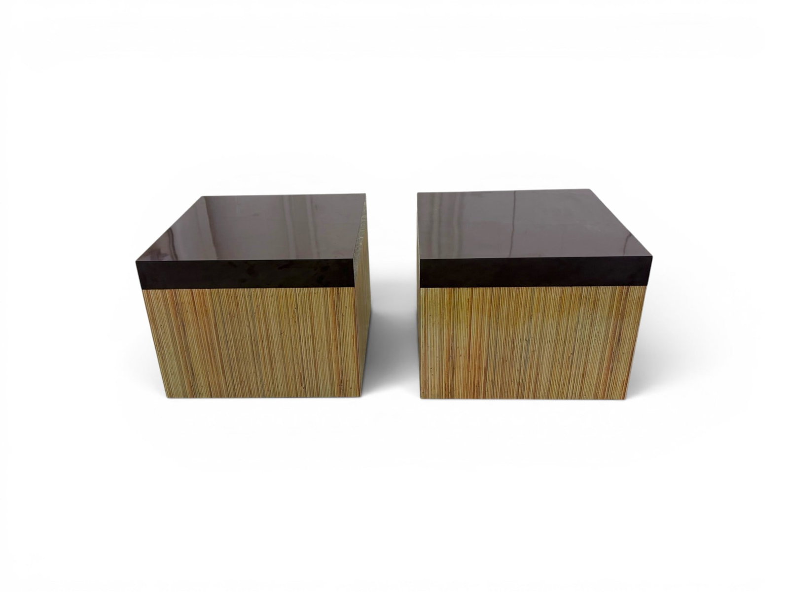 Pair of Faux Reeded Cube Tables: Pair of cube side tables.Faux reeded sides, brown laminate tops. Unsigned. Dimensions: H: 16.25" W: 21.125" D: 21.125"