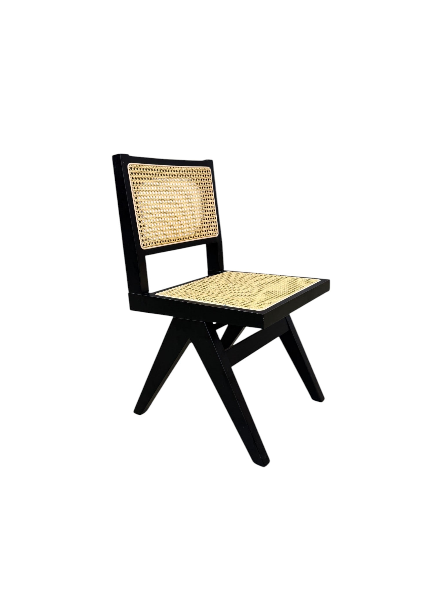 Pierre Jeanneret Style Side Chair: A Pierre Jeanneret style side chair in ebonized wood with cane back and seat Dimensions: H:31" W:17.75" D:21" Seat Height:17"
