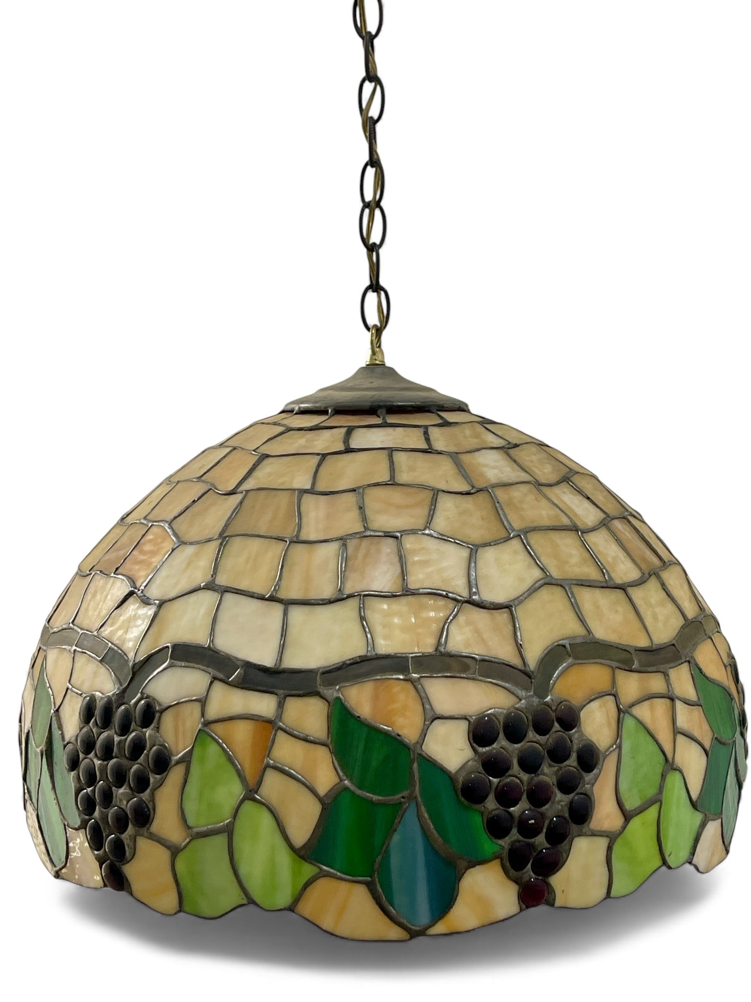 Leaded Stained Glass Dome: A Stained glass hanging dome pendant with grapes. Dimensions: H:13" W:19" D:19" Chain Length: 17"