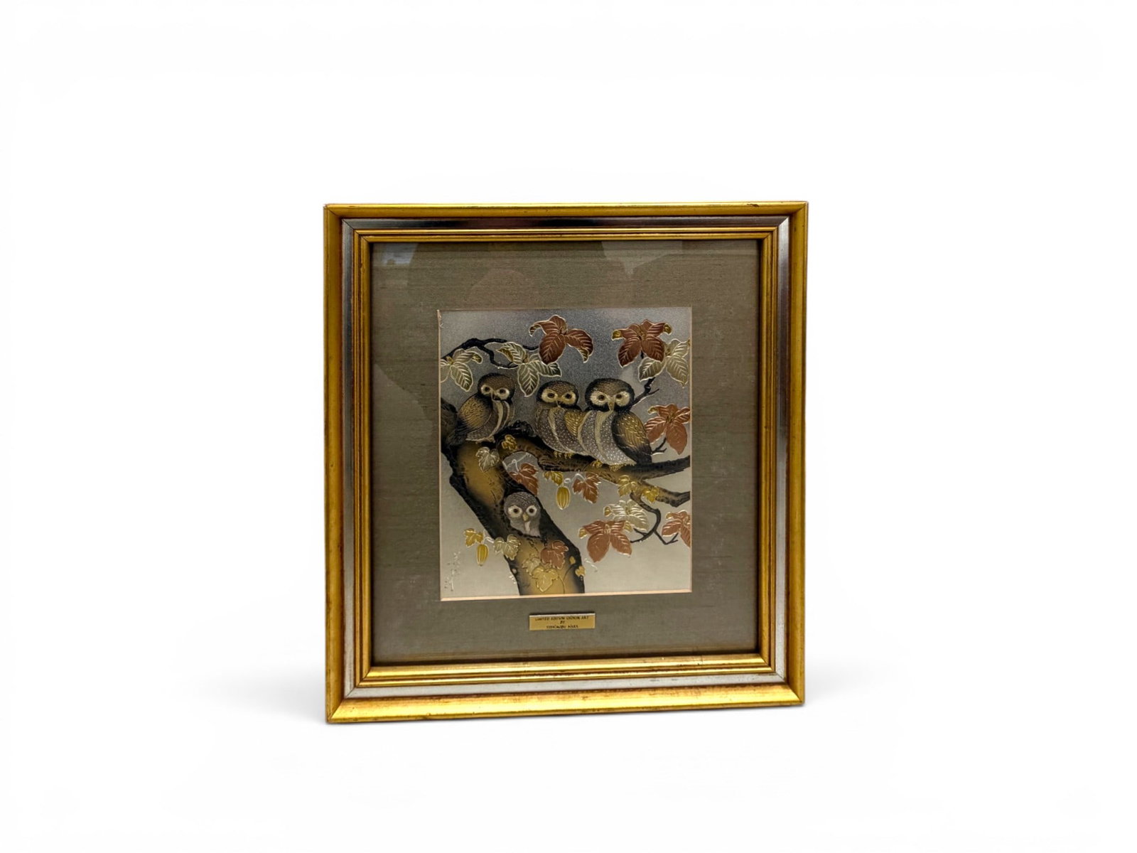 Yoshinobu Hara Chokin Copper Etching Owls: Yoshinobu Hara (20th century). Chokin art, etched copper with silver and gold embellishments. Signed in the plate and with label with info and numbered 3703 from the edition of 7500 on verso. Sight