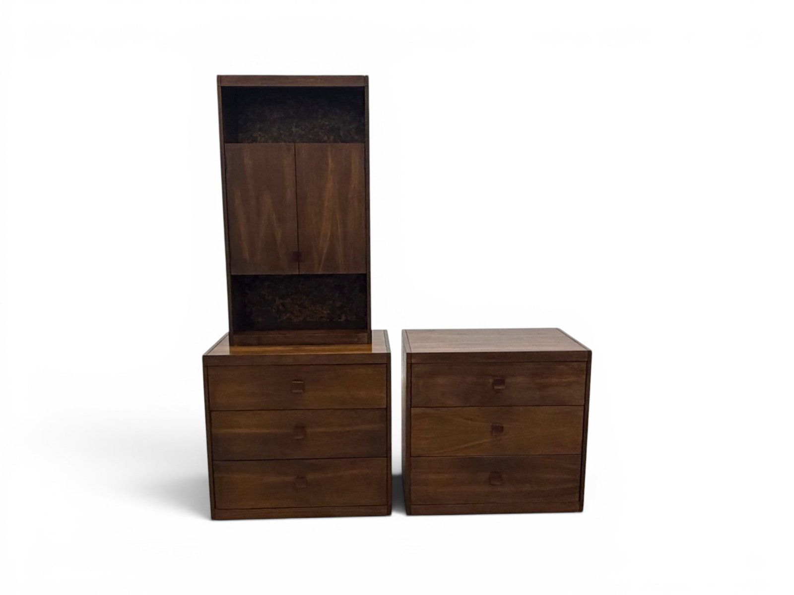 Pair Kroehler Modern Chests: Pair of Kroehler modern chests / nightstands. Each with 3 drawers, 1 with cabinet top with shelves and 2 doors. Stamped Kroehler inside top drawers. Dimensions: H: 28.5" W: 30" D: 18.25" Cabinet