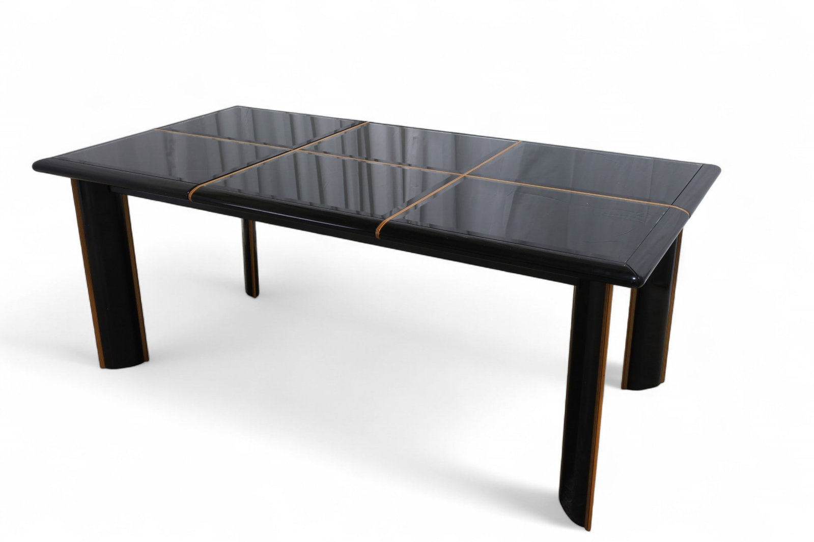 Pierre Cardin Dining Table: A Pierre Cardin for Roche Bobis black mirrored dining table with 1 24" leaf Dimensions:30x74x39