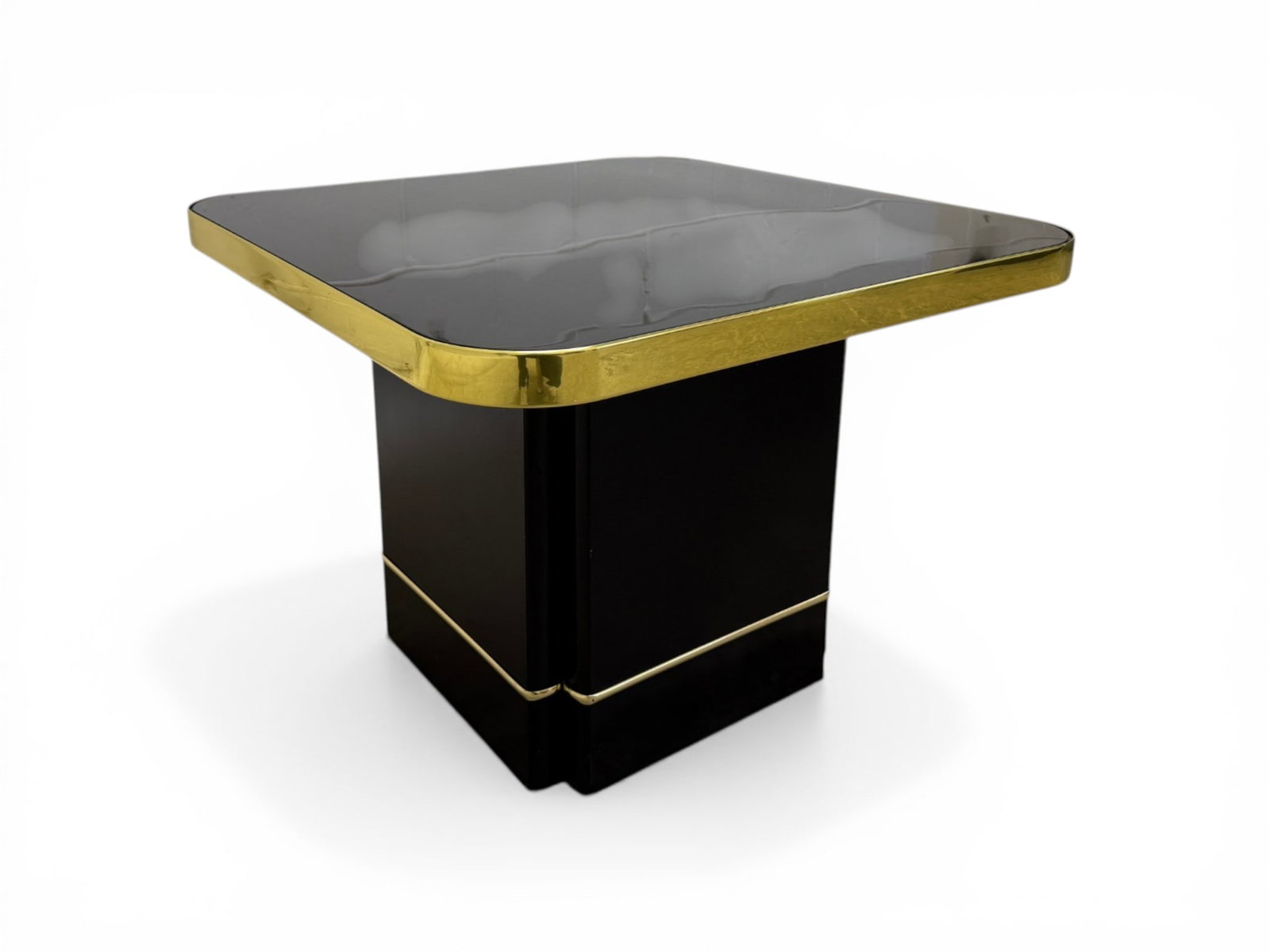 Black, Gold & Glass Side Table: A Black, Gold & Glass top Side Table. The glass top is removable. Dimensions: H:20" W:27.5" D:27.5"