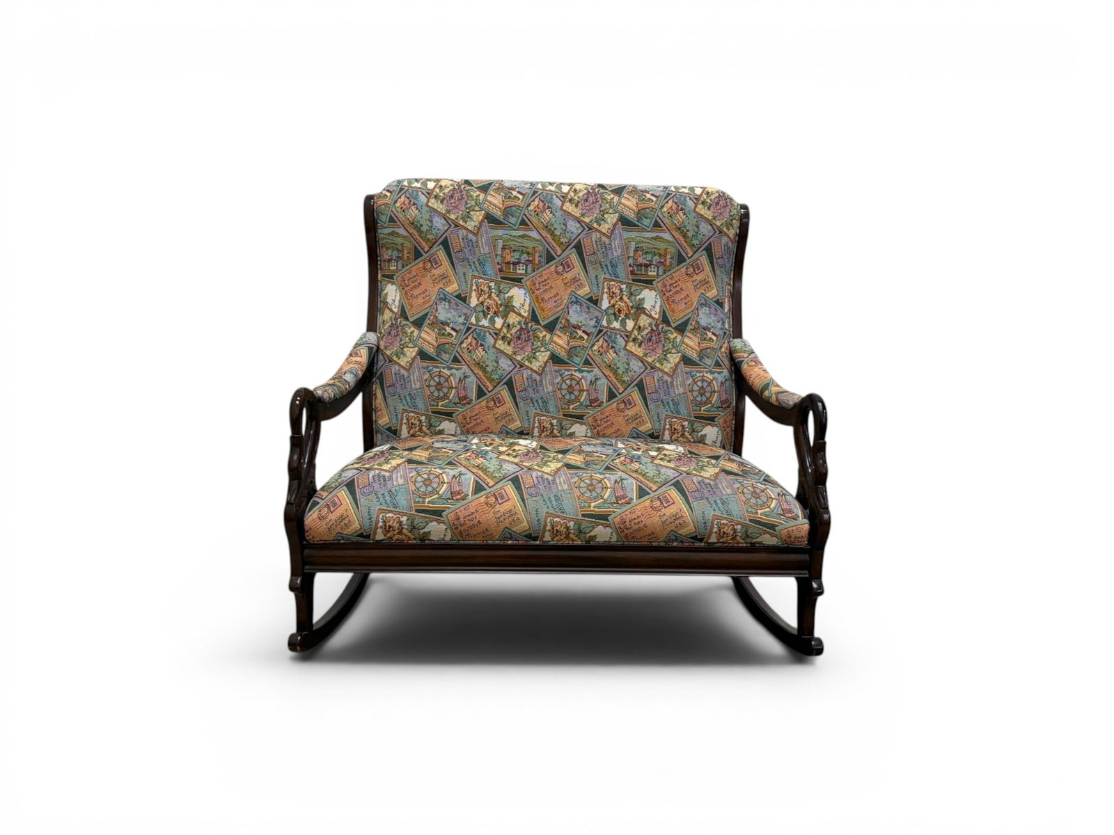 Double Rocking Chair With Needlepoint Upholstery: Loveseat rocking chair, figural carved swan arms, with needlepoint upholstery with postcard motif. Dimensions: H: 40" W: 44" D: 33.5", seat height 17.5"