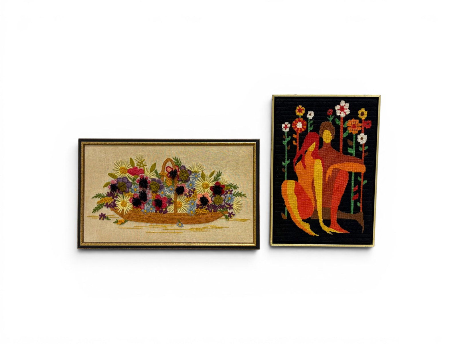 2 Mid-Century Framed Needlepoints: 2 mid-century modern framed needlepoints. Basket of flowers, and seated couple with flowers. Basket of flowers dimensions with frame: H: 14.25" W: 23.5" D: .75" Seated couple dimensions with frame: