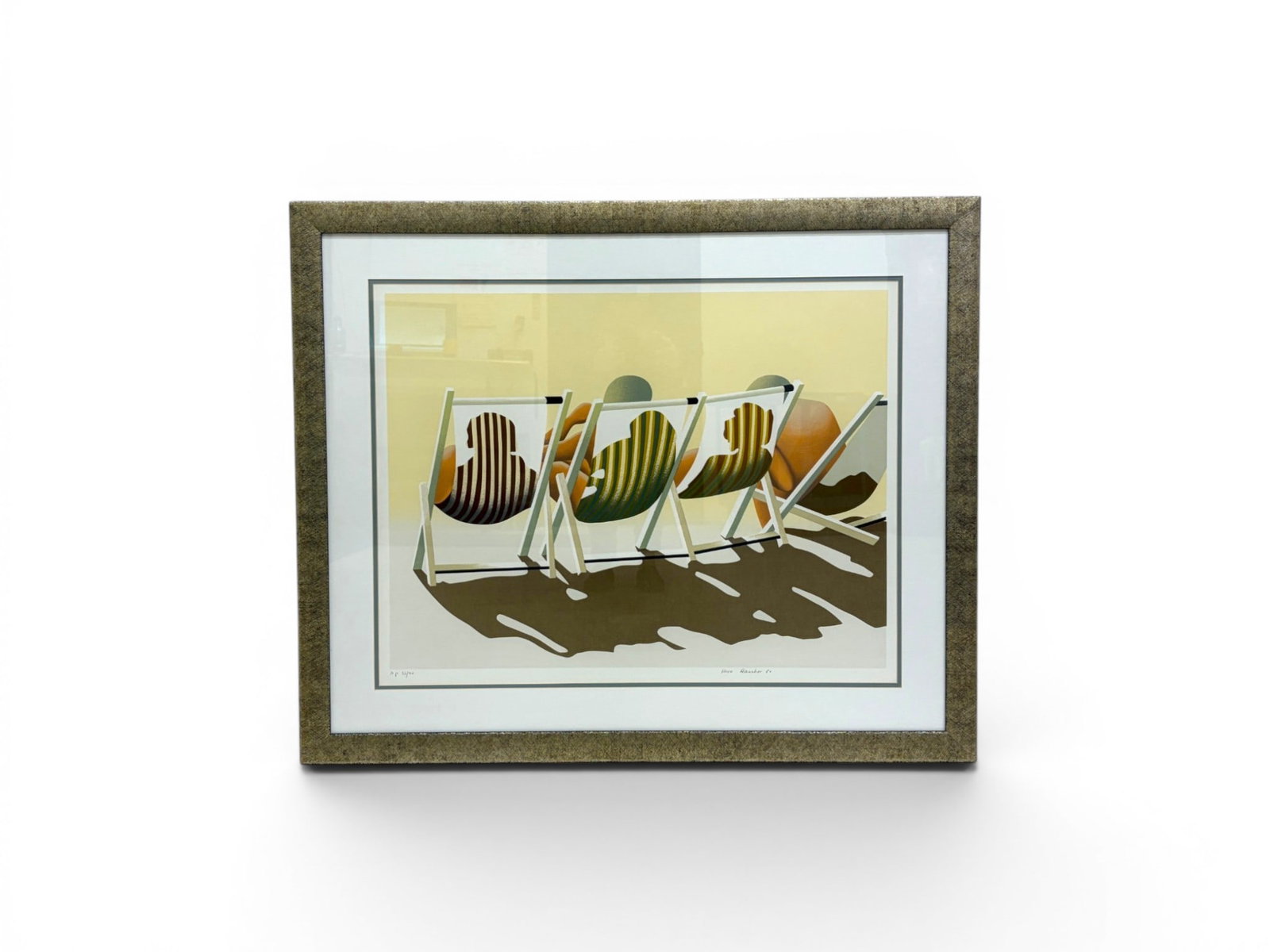 Hava Raucher Lithograph 3 Beach Chairs: Hava Raucher (Israeli, 1944). Artist's proof lithograph, 3 Beach Chairs. Pencil signed and dated 80 lower right and numbered AP 33/40 in pencil lower left. Sight 25.5" x 33" Frame dimensions: H: