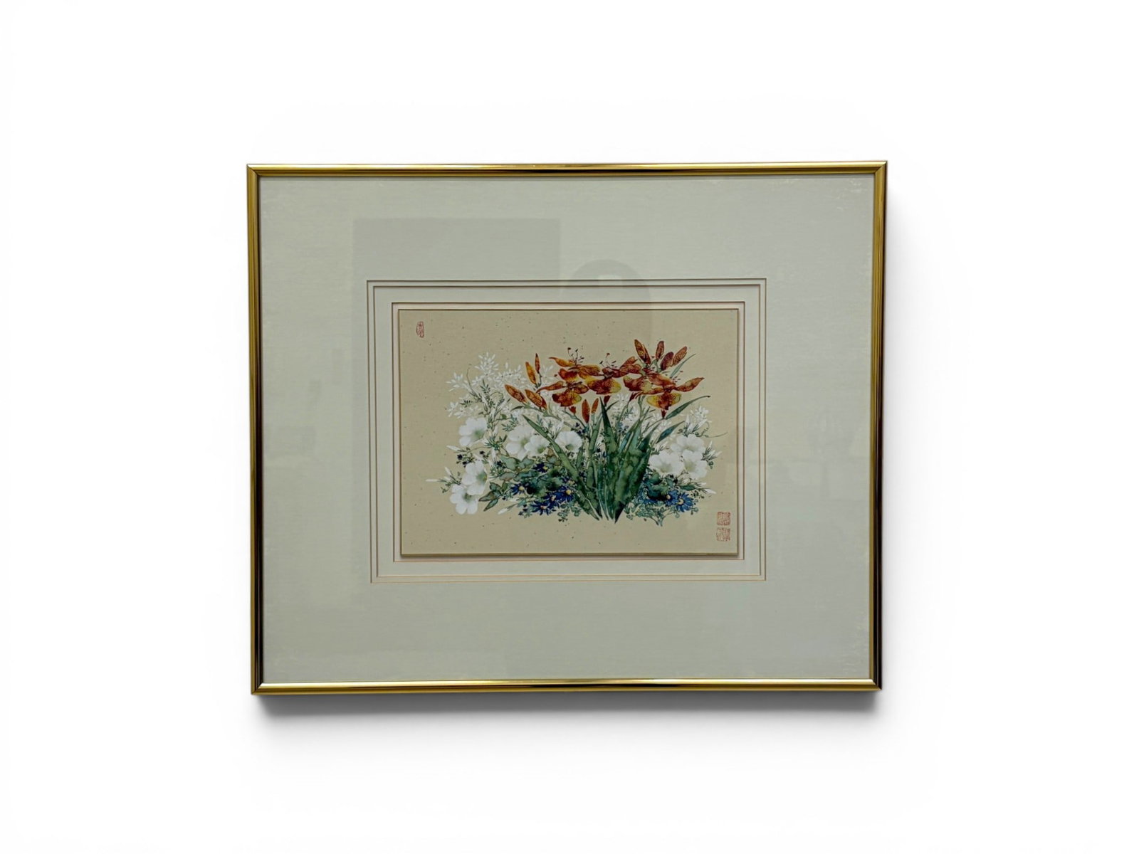 Chieh-Nie Cherng Watercolor Flowers: Chieh-Nie Cherng watercolor, flowers. Signed with red seals upper left and lower right and with artist's info on verso. Sight 9.25" x 13" Frame dimensions: H: 20.25" W: 24.25" D: 1"