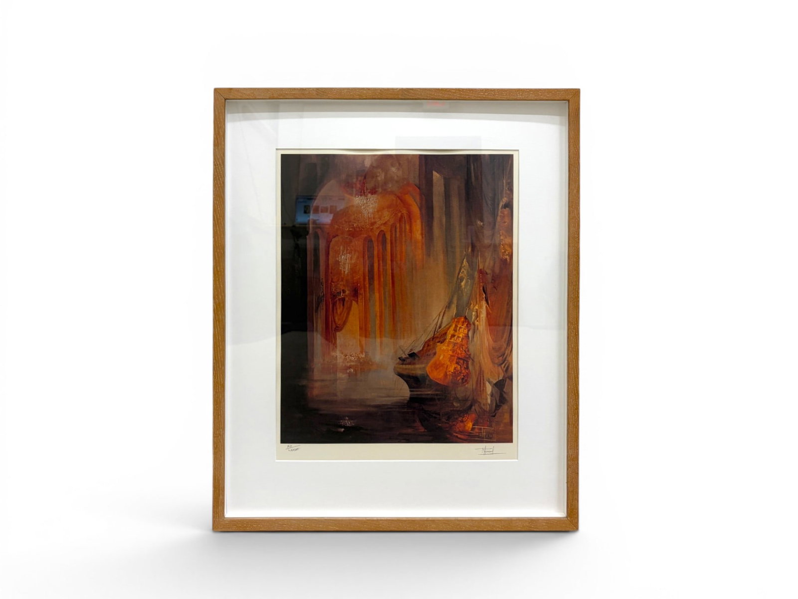 Roger Suraud Limited Edition Print: Roger Suraud (French, 1938). Print with ship. Signed in the plate lower right and signed and numbered 70/LXXV in pencil in the lower margin. Sight size 21" x 16" Frame dimensions: H: 24.75" W: 30" D: