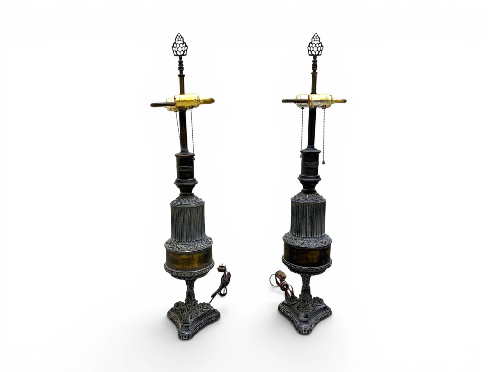 Pair of French Moderator Style Lamps: Pair of metal French moderator style table lamps. Dimensions without shades: H: 31" W: 6.25" D: 6"