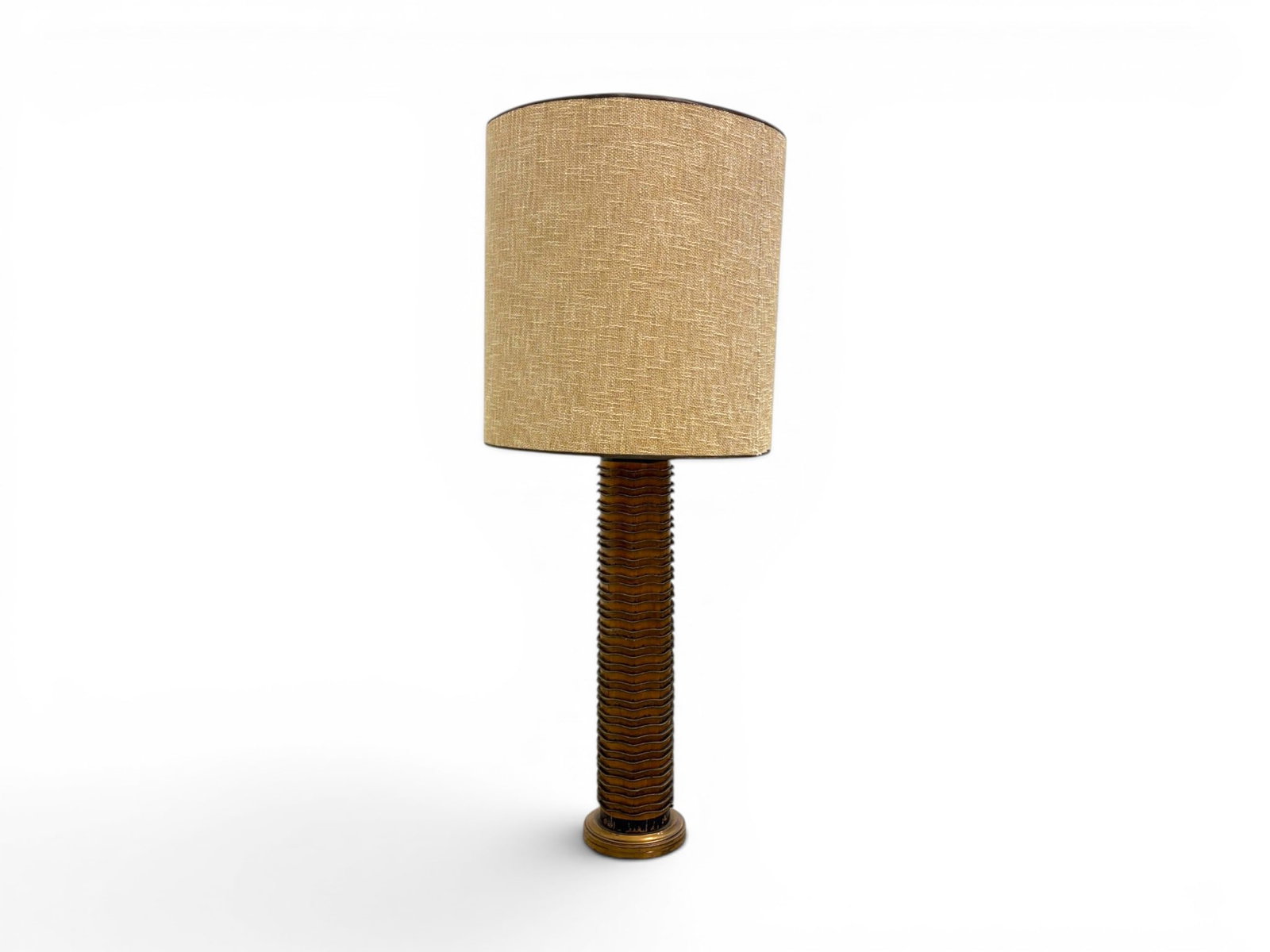 Print Roller Lamp With Metal Insets: Wooden print roller lamp with metal insets. Dimensions without shade: H: 39" W: 6.5" D: 6.5"